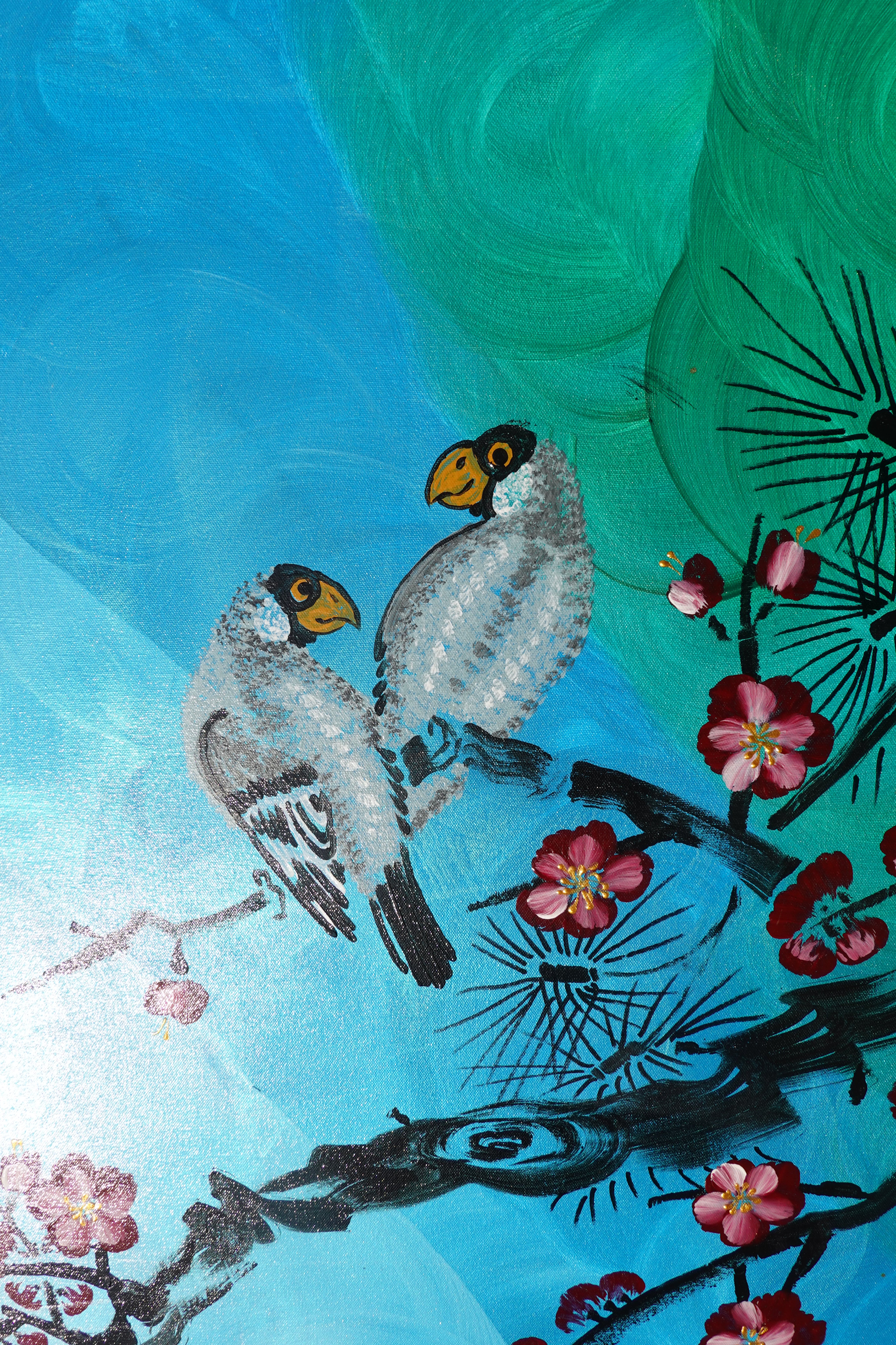Love Birds and Sakura J478 — pearlescent green | Japanese Painting | Large Acrylic on Canvas | Ksavera