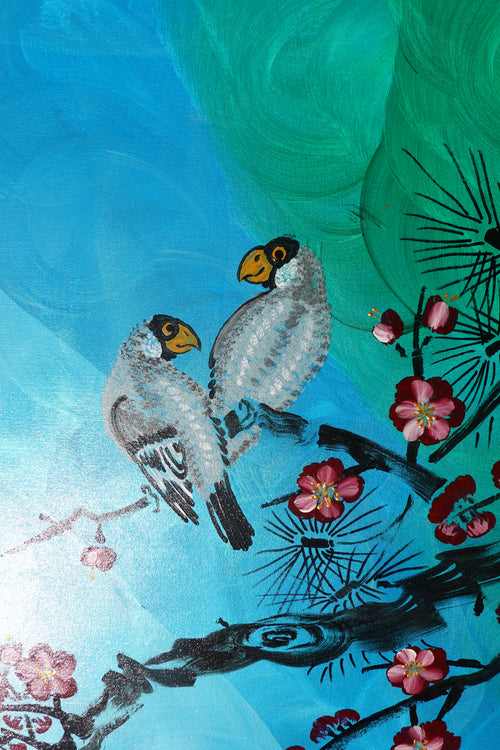 Love Birds and Sakura J478 — pearlescent green | Japanese Painting | Large Acrylic on Canvas | Ksavera