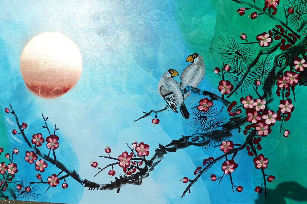 Liebesvögel und Sakura J478 — perlgrün | Japanische Malerei | Großes Acrylbild auf Leinwand | Ksavera