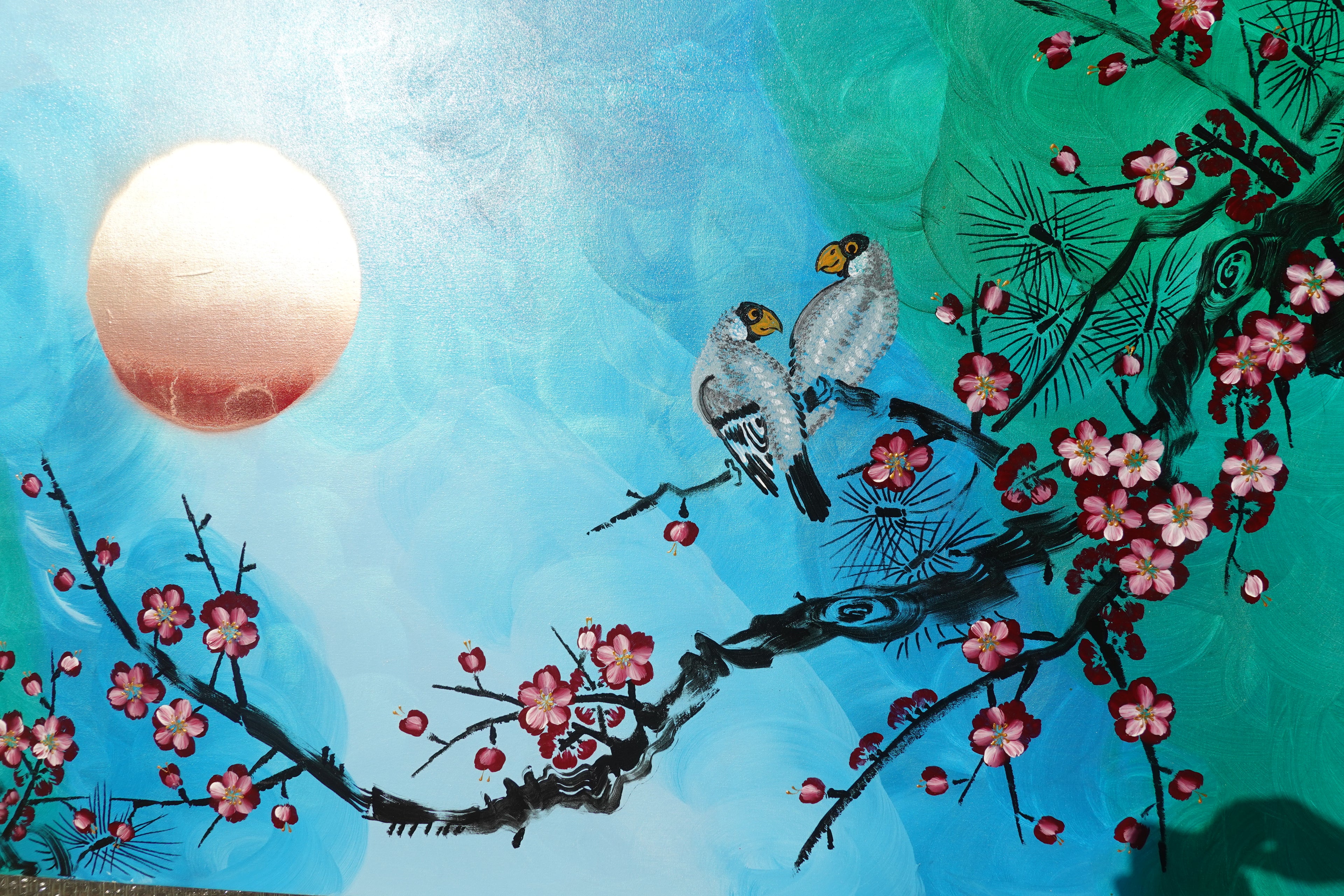 Liebesvögel und Sakura J478 — perlgrün | Japanische Malerei | Großes Acrylbild auf Leinwand | Ksavera