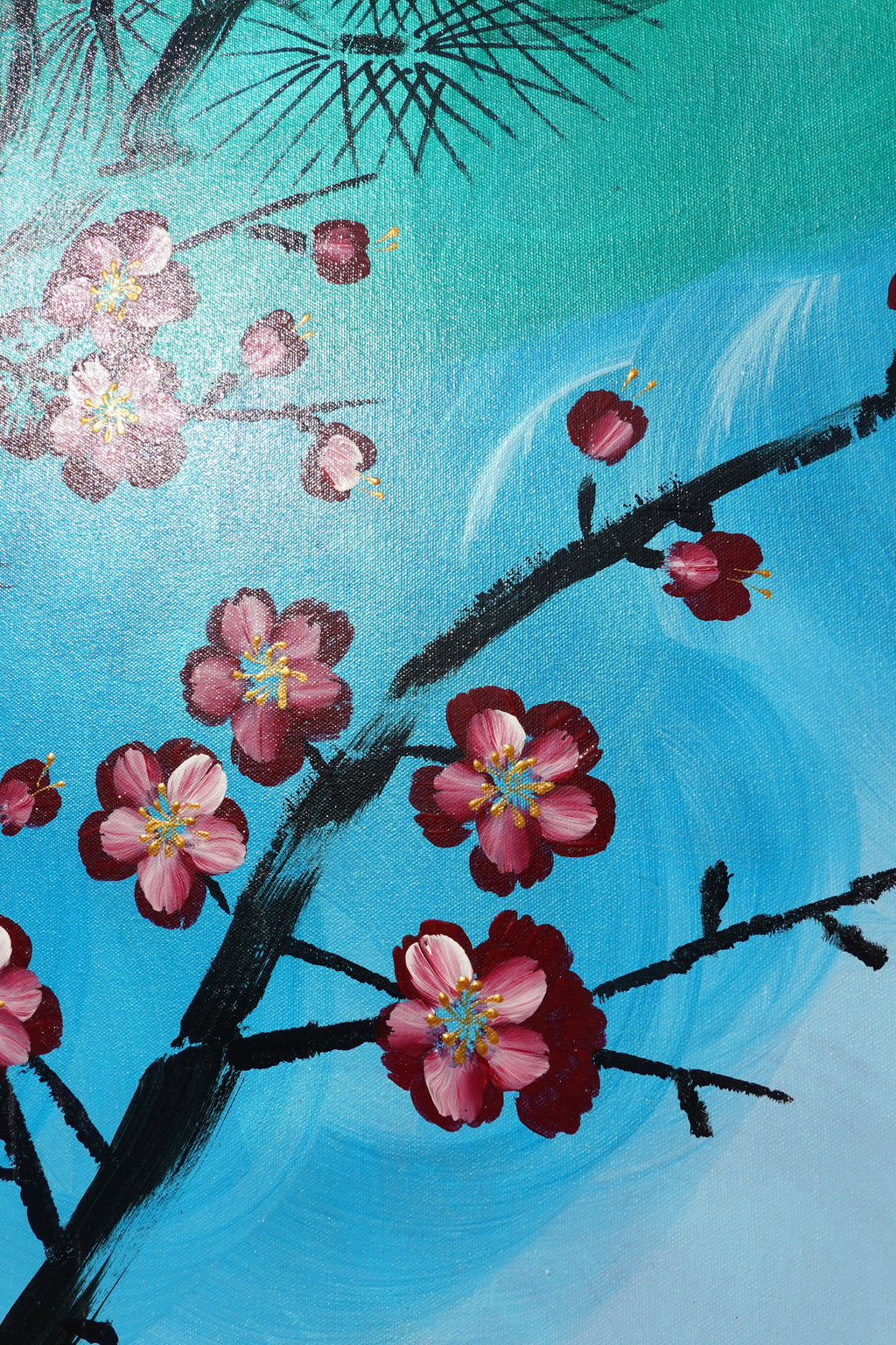 Liebesvögel und Sakura J478 — perlgrün | Japanische Malerei | Großes Acrylbild auf Leinwand | Ksavera