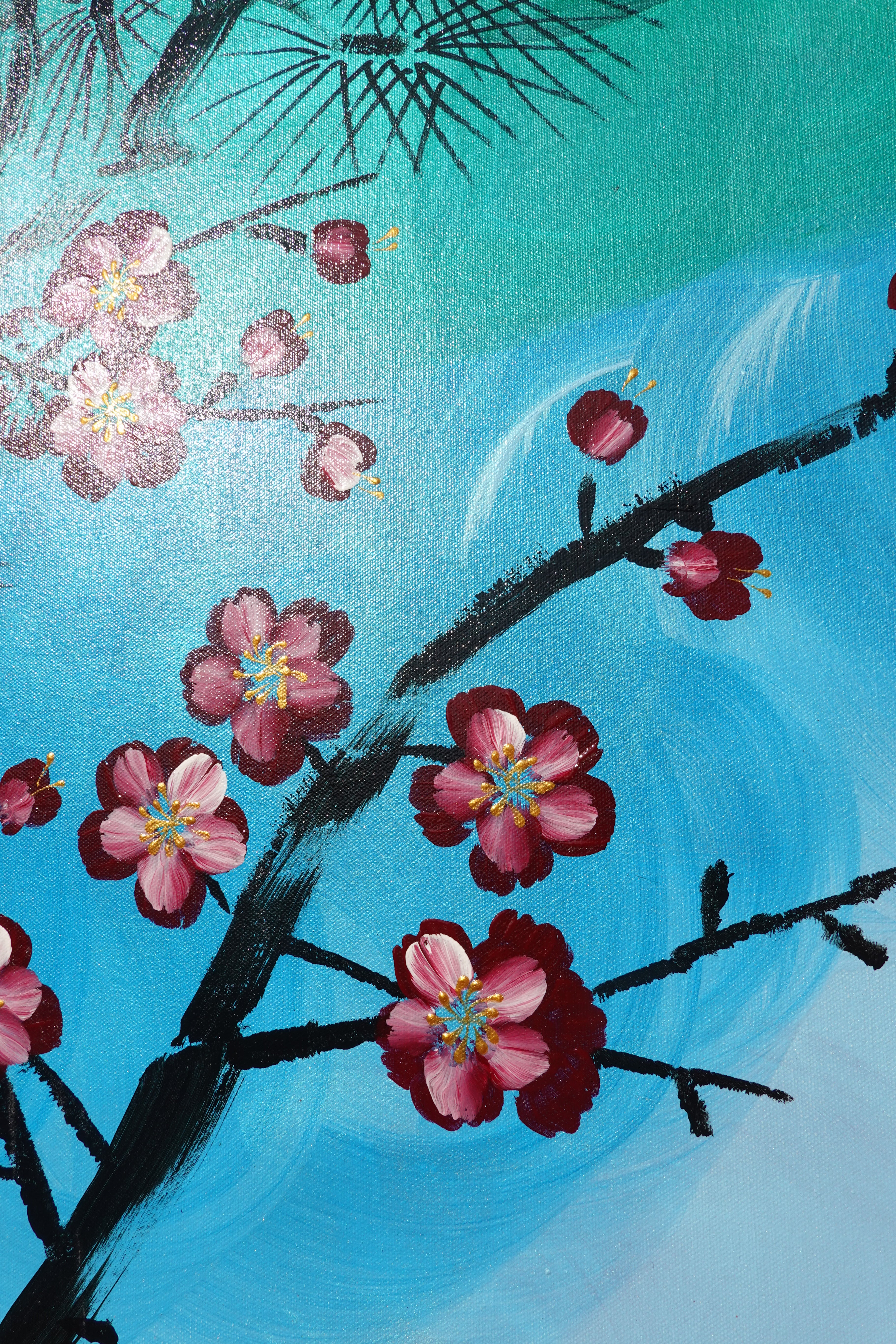 Liebesvögel und Sakura J478 — perlgrün | Japanische Malerei | Großes Acrylbild auf Leinwand | Ksavera