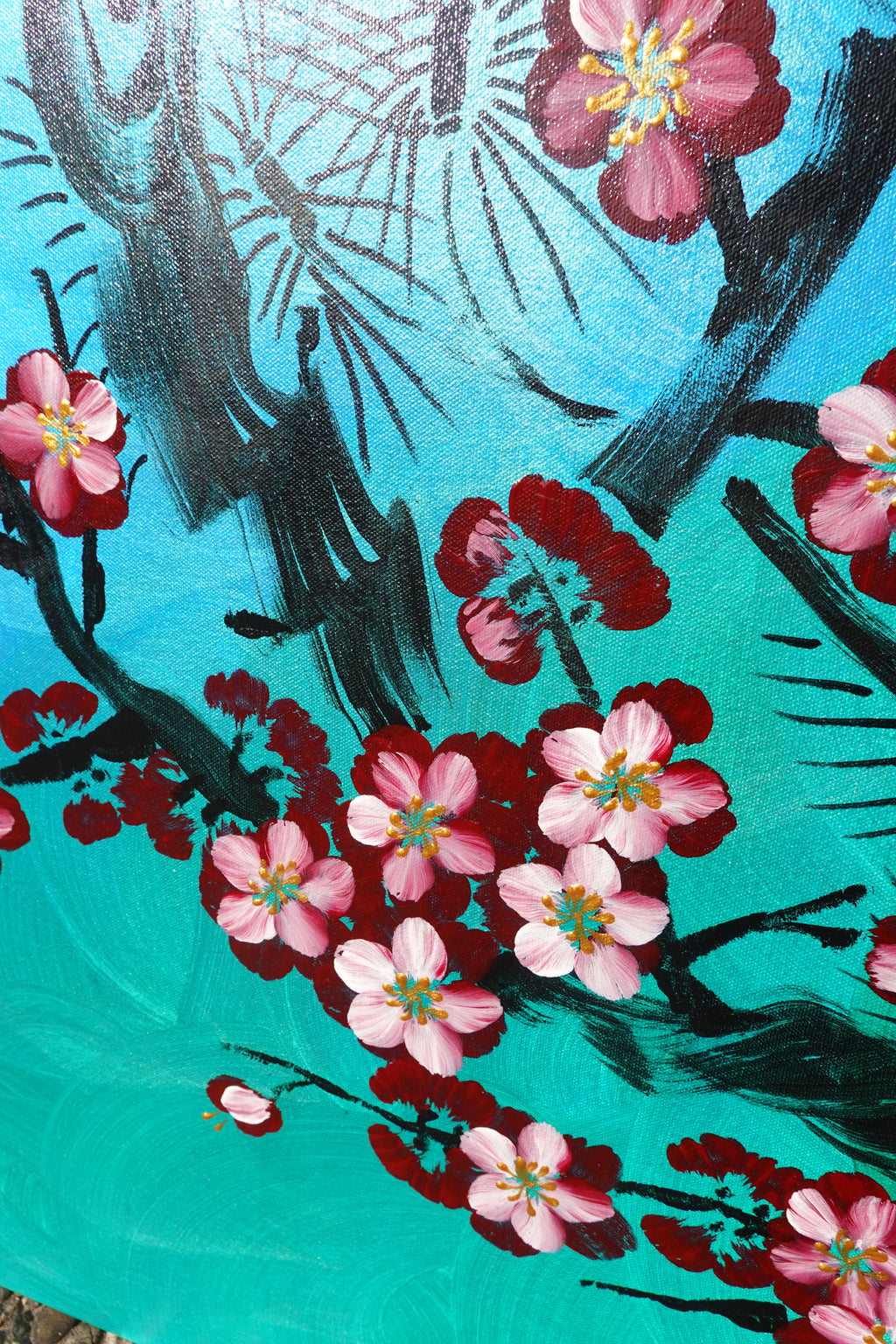 Liebesvögel und Sakura J478 — perlgrün | Japanische Malerei | Großes Acrylbild auf Leinwand | Ksavera