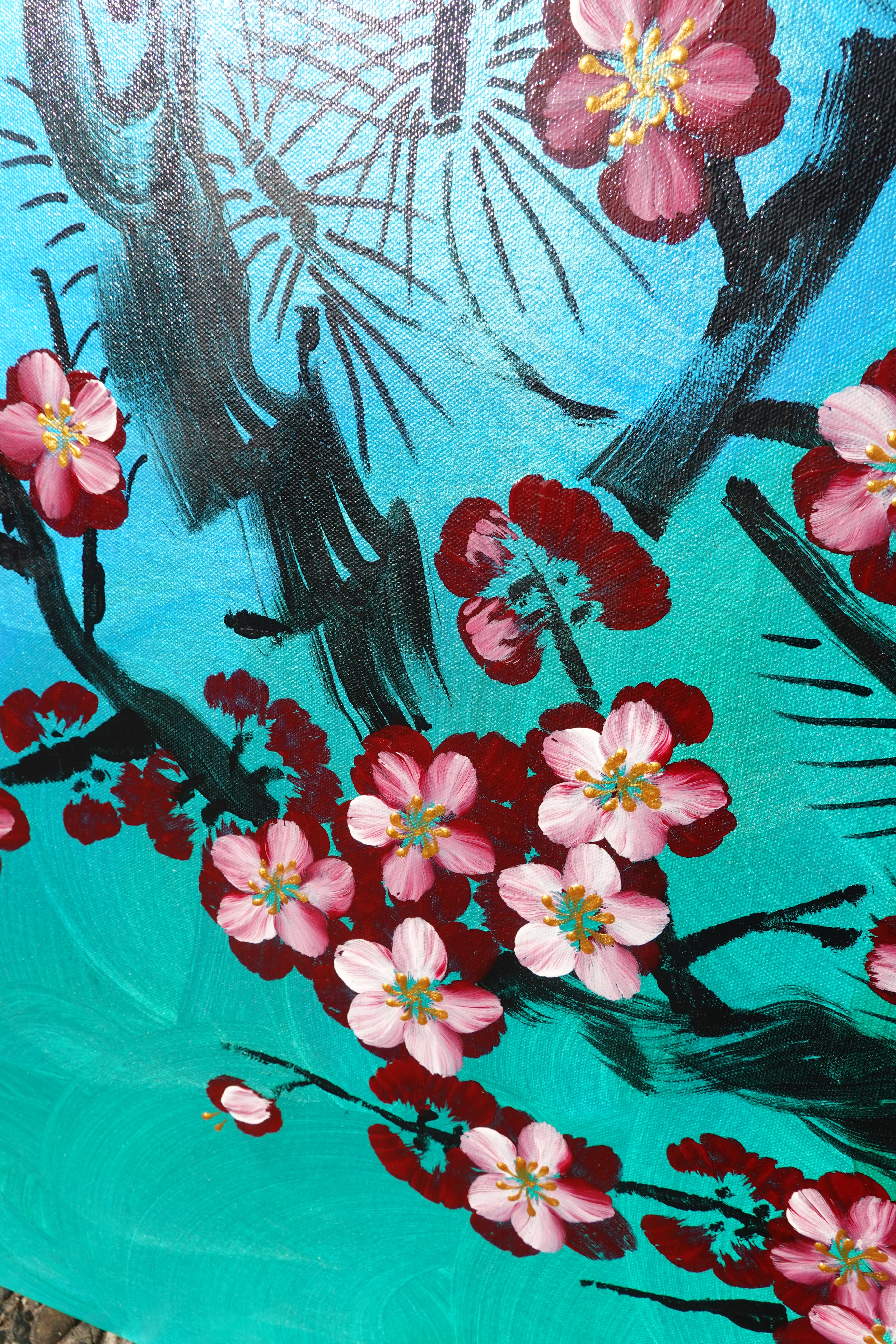 Liebesvögel und Sakura J478 — perlgrün | Japanische Malerei | Großes Acrylbild auf Leinwand | Ksavera