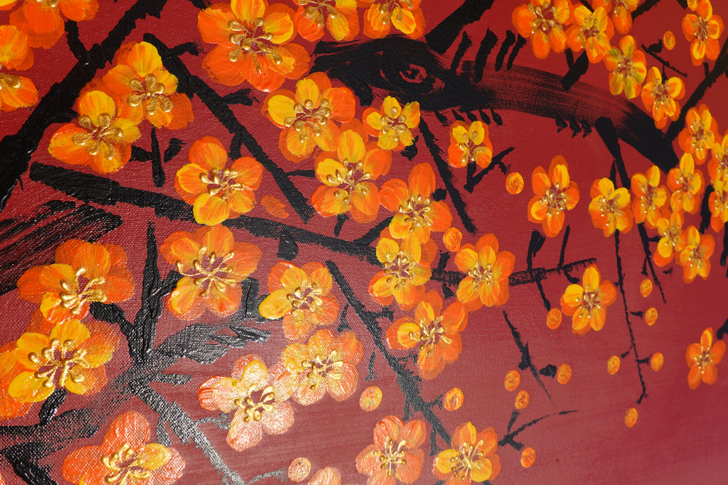 Sakura J480 — rote japanische Malerei | Großes Acrylbild auf Leinwand | Ksavera