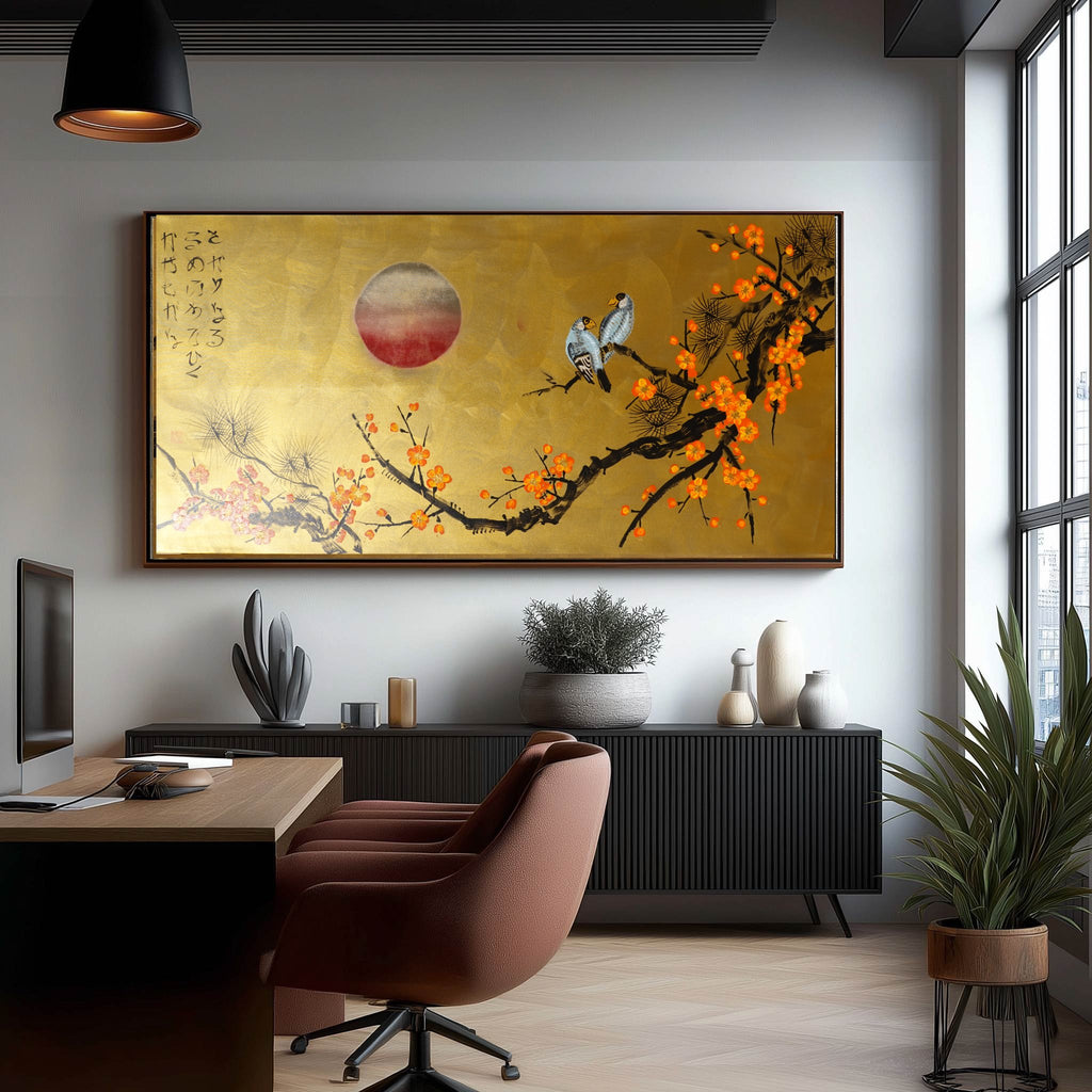 Liebesvögel und Sakura J481 – goldenes japanisches Gemälde | Großes Acryl auf Leinwand | Ksavera