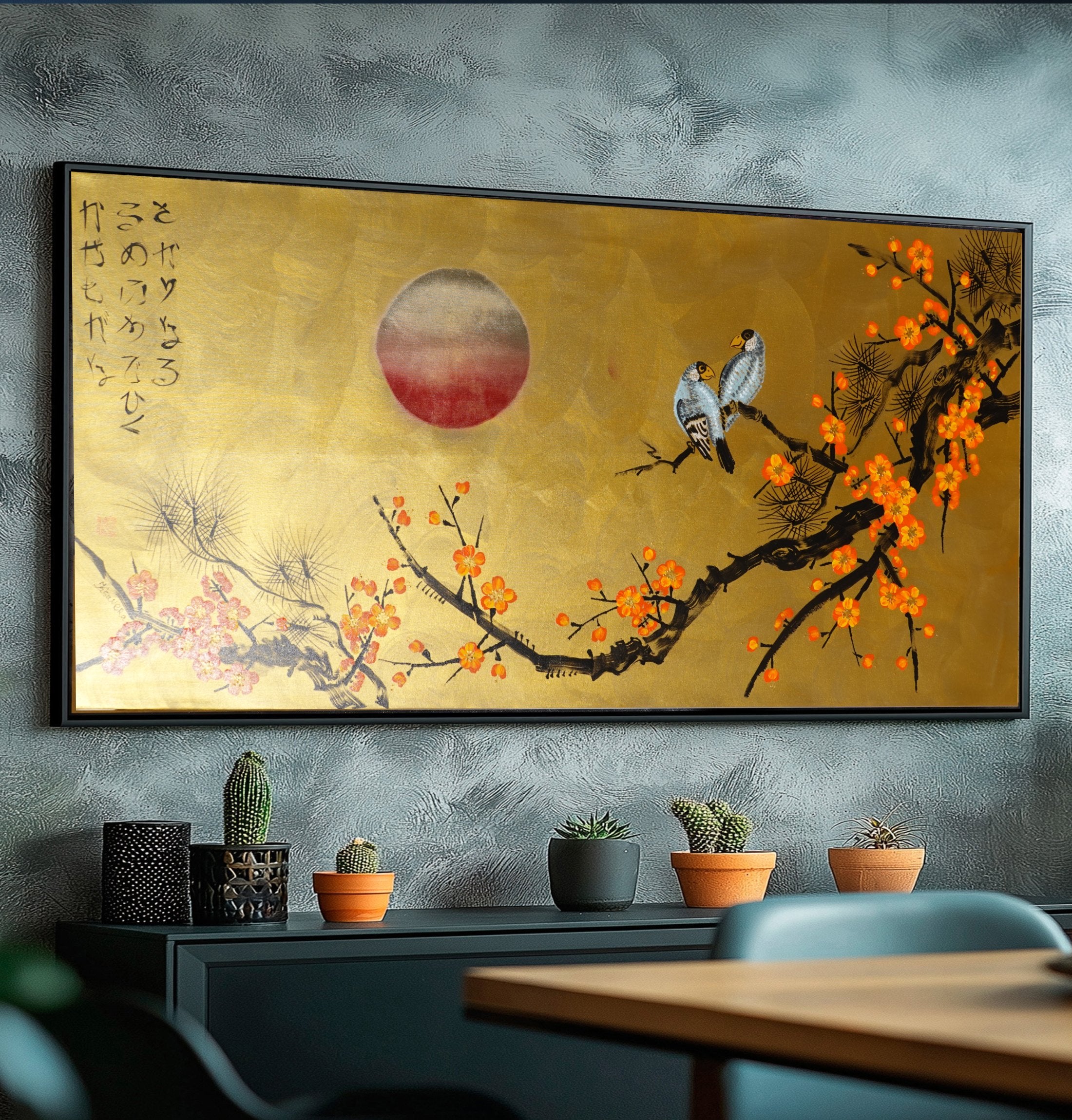 Liebesvögel und Sakura J481 – goldenes japanisches Gemälde | Großes Acryl auf Leinwand | Ksavera