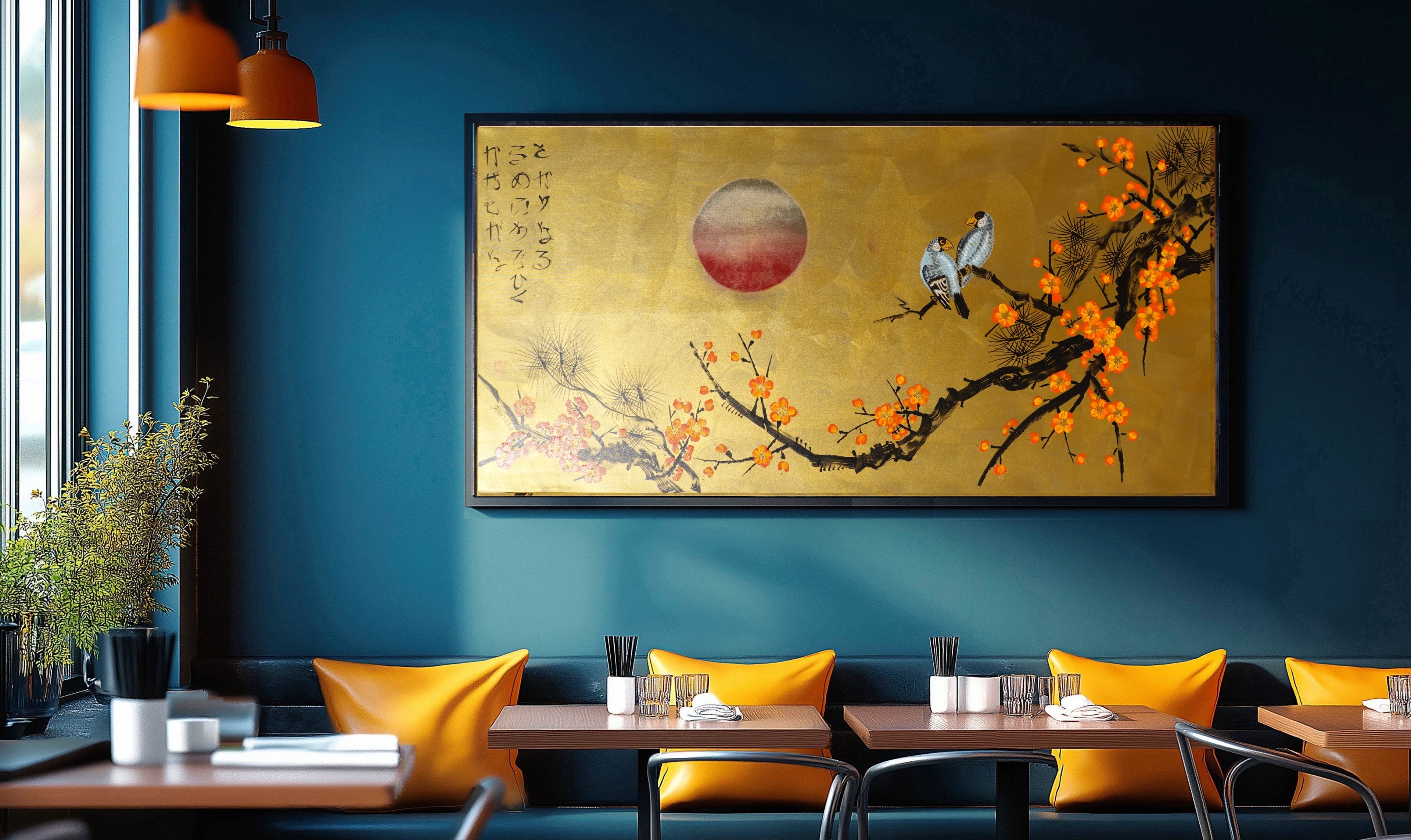Liebesvögel und Sakura J481 – goldenes japanisches Gemälde | Großes Acryl auf Leinwand | Ksavera