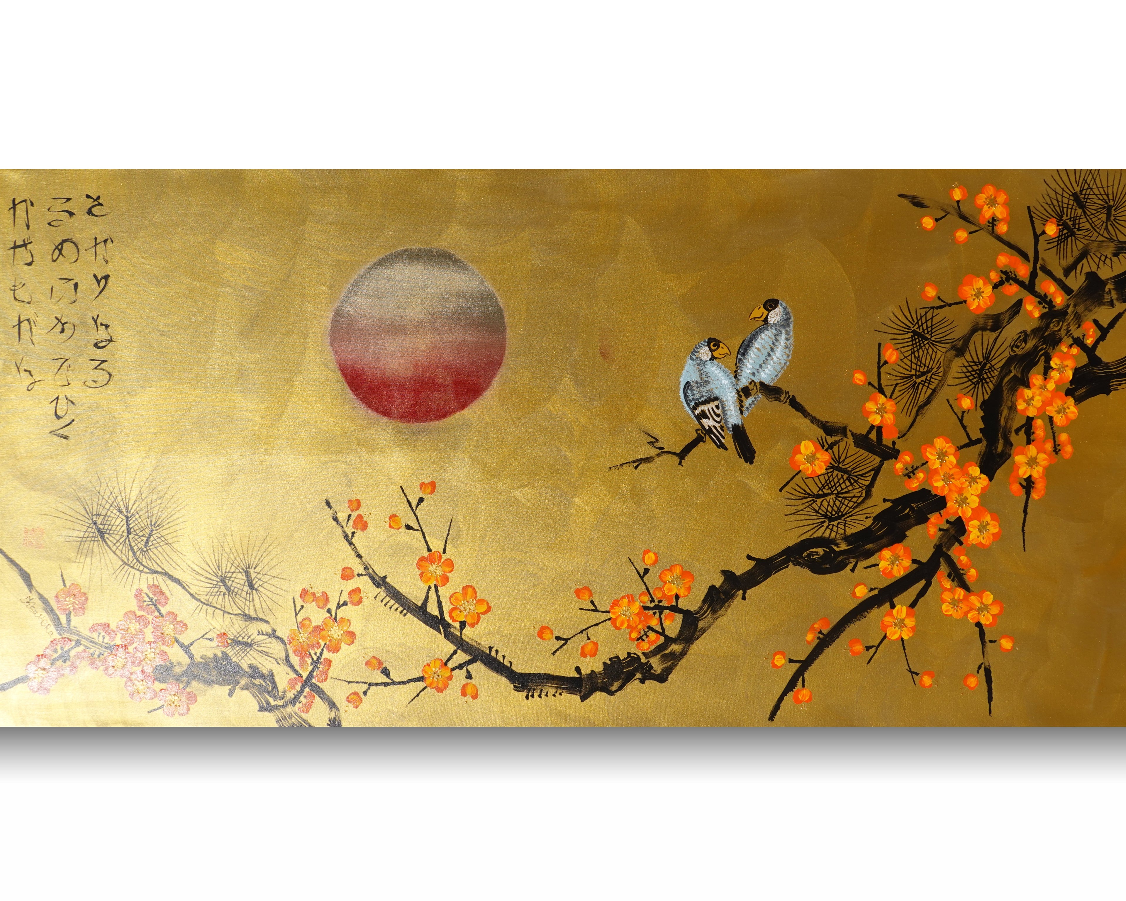 Love Birds and Sakura J481 — gold Japanese Painting | Large Acrylic on Canvas | Ksavera