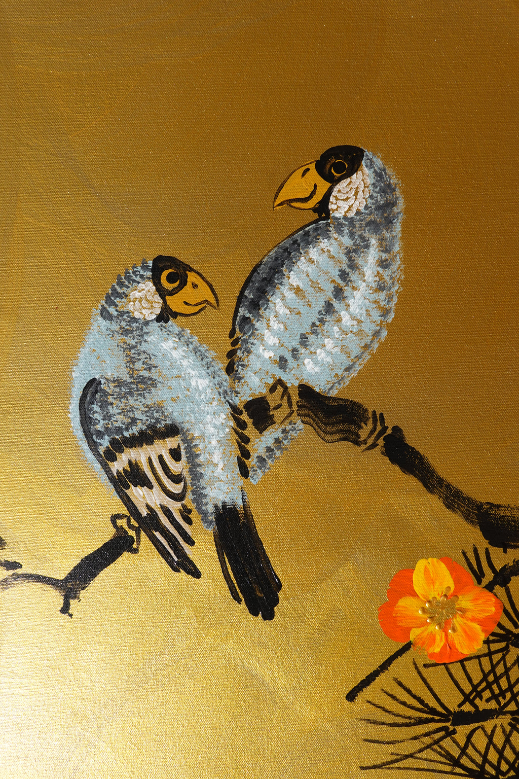 Liebesvögel und Sakura J481 – goldenes japanisches Gemälde | Großes Acryl auf Leinwand | Ksavera