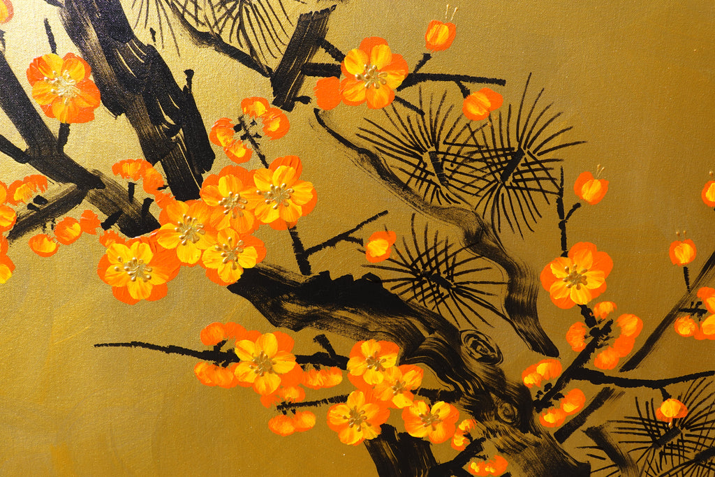 Liebesvögel und Sakura J481 – goldenes japanisches Gemälde | Großes Acryl auf Leinwand | Ksavera