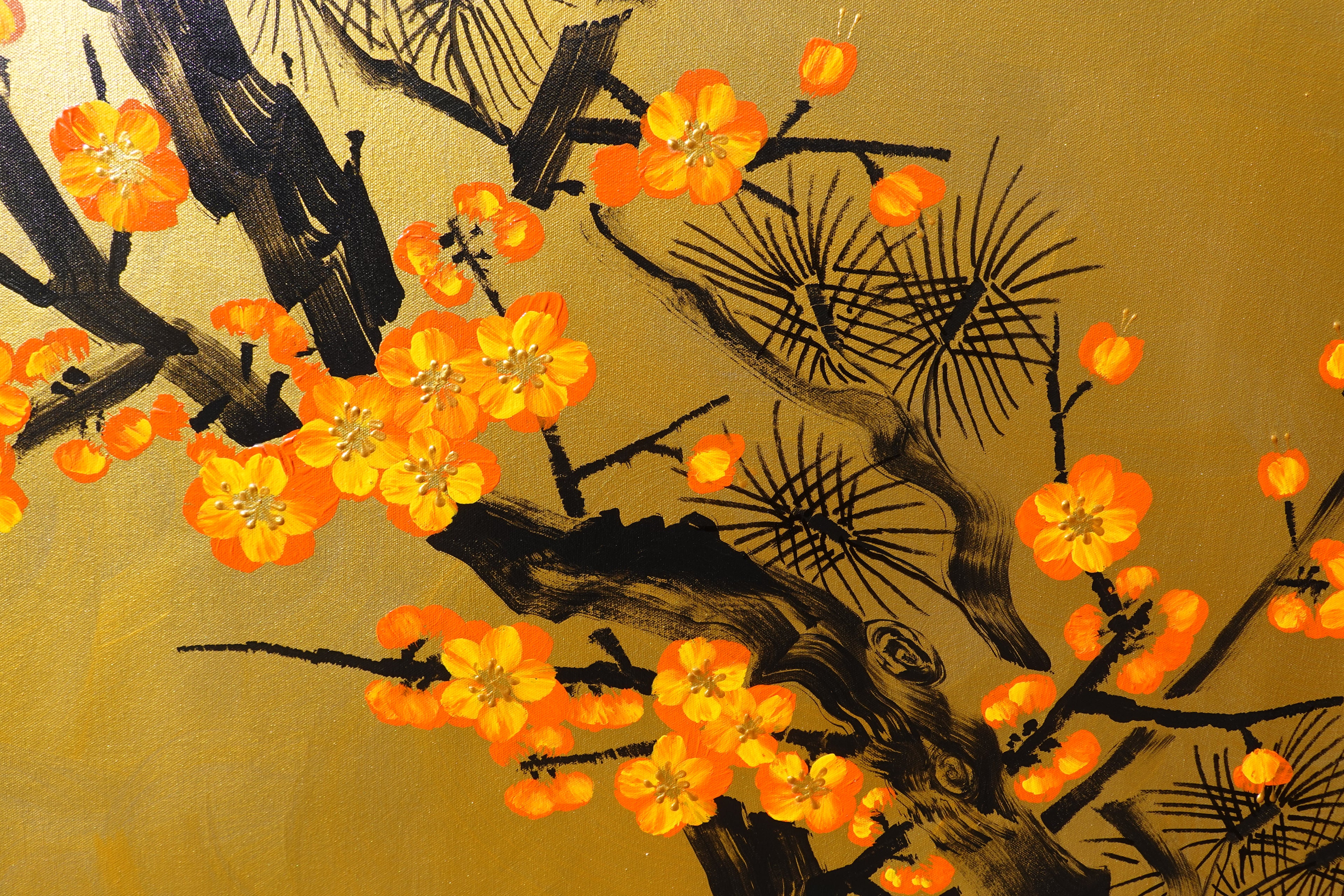 Love Birds and Sakura J481 — gold Japanese Painting | Large Acrylic on Canvas | Ksavera