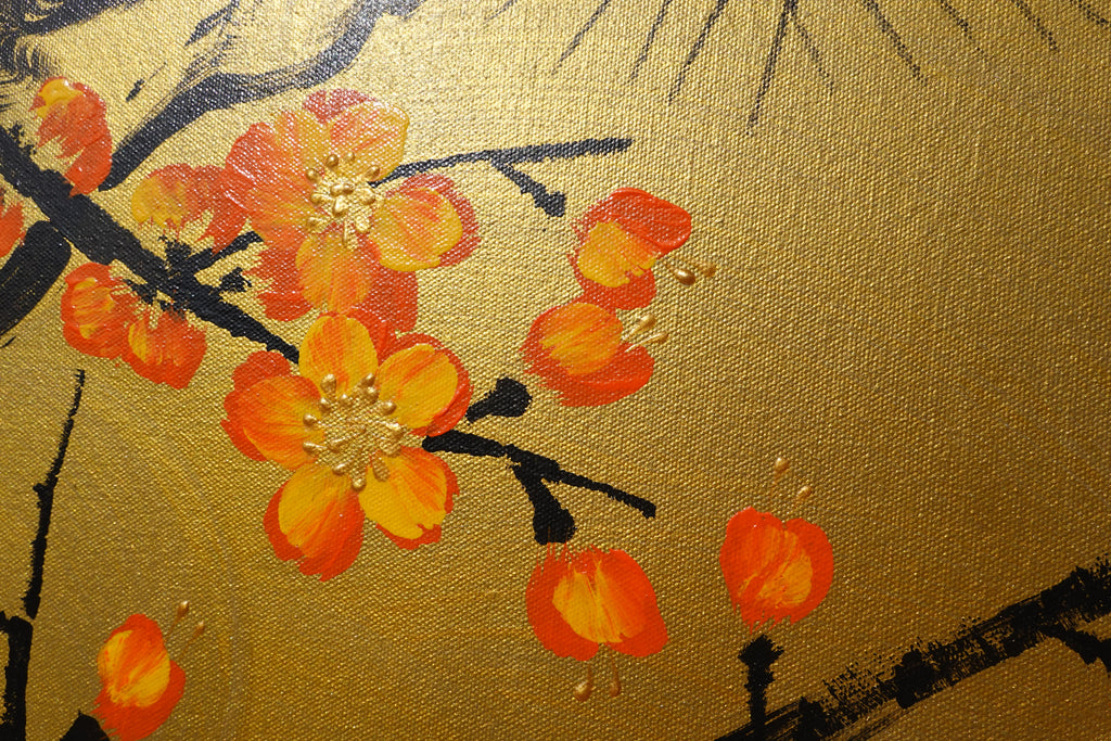 Liebesvögel und Sakura J481 – goldenes japanisches Gemälde | Großes Acryl auf Leinwand | Ksavera
