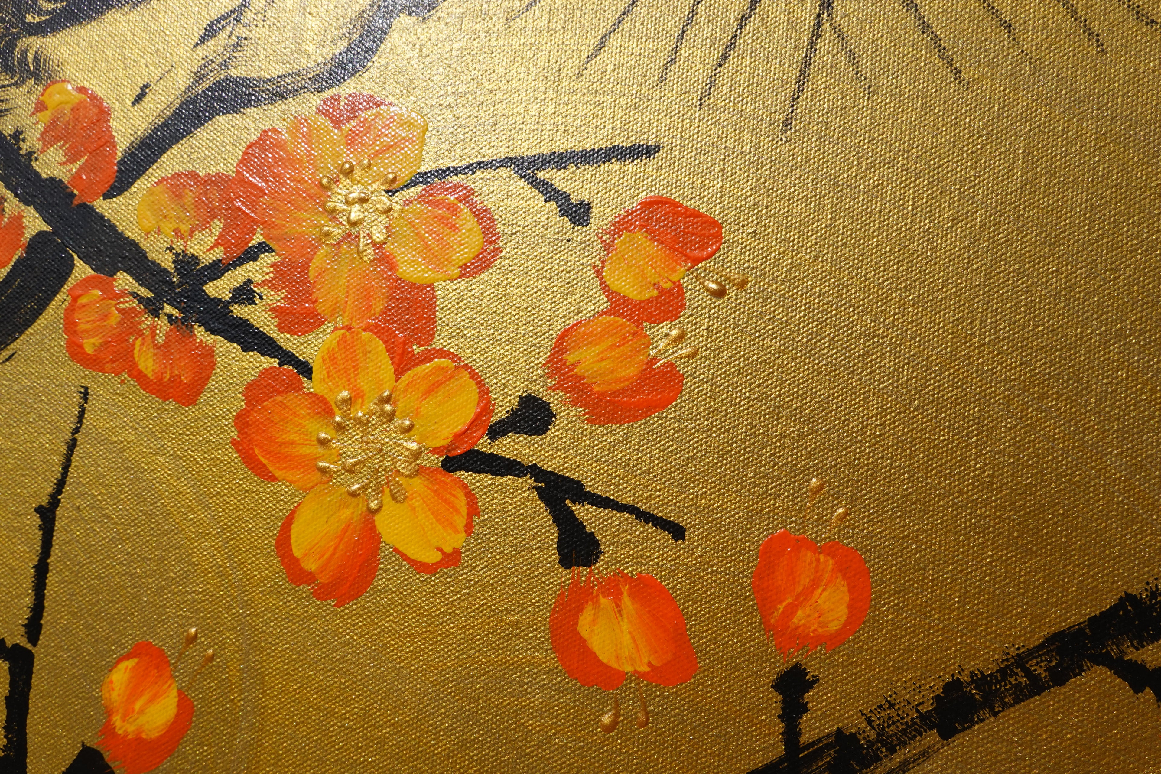 Love Birds and Sakura J481 — gold Japanese Painting | Large Acrylic on Canvas | Ksavera