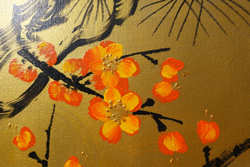 Liebesvögel und Sakura J481 – goldenes japanisches Gemälde | Großes Acryl auf Leinwand | Ksavera