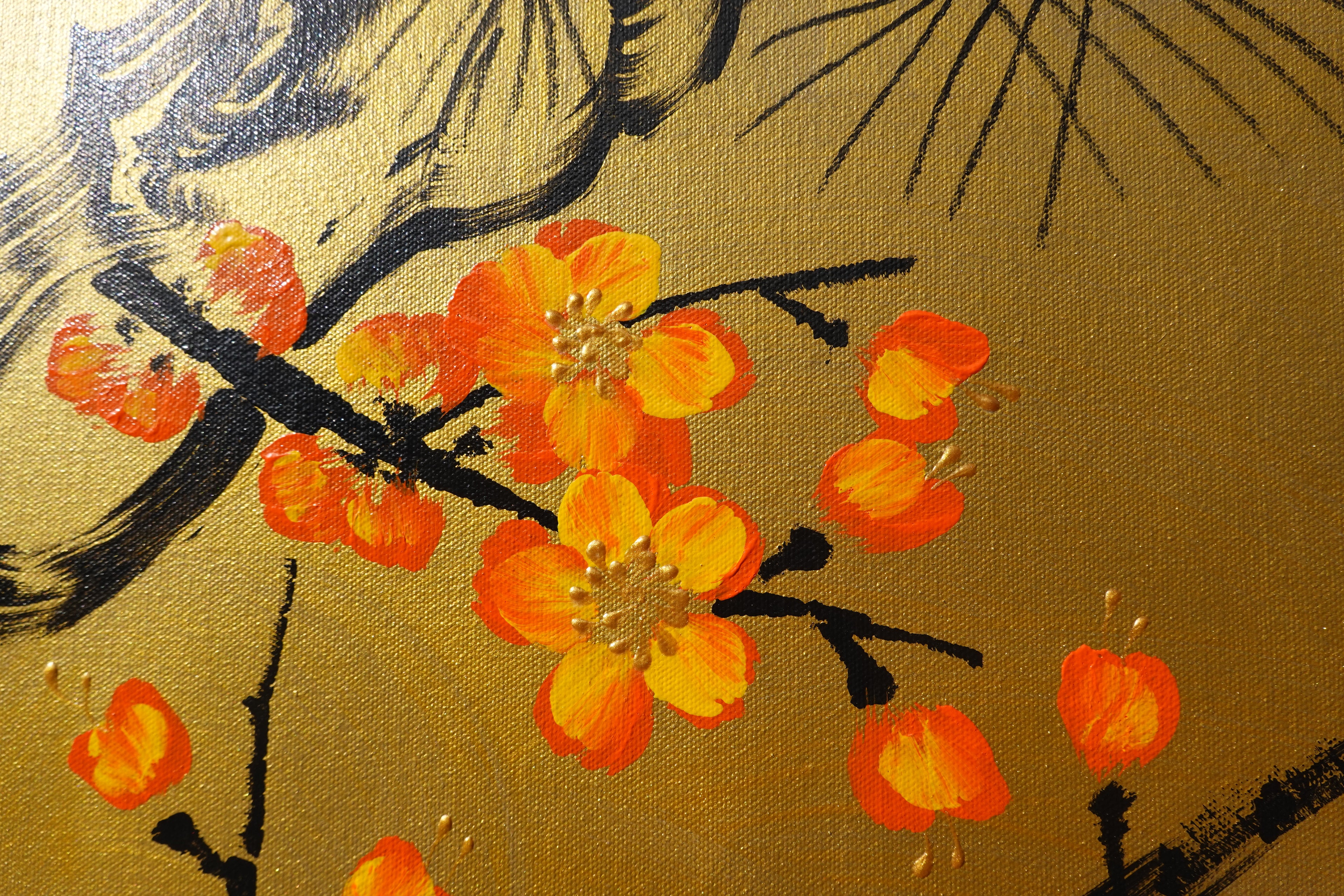 Liebesvögel und Sakura J481 – goldenes japanisches Gemälde | Großes Acryl auf Leinwand | Ksavera