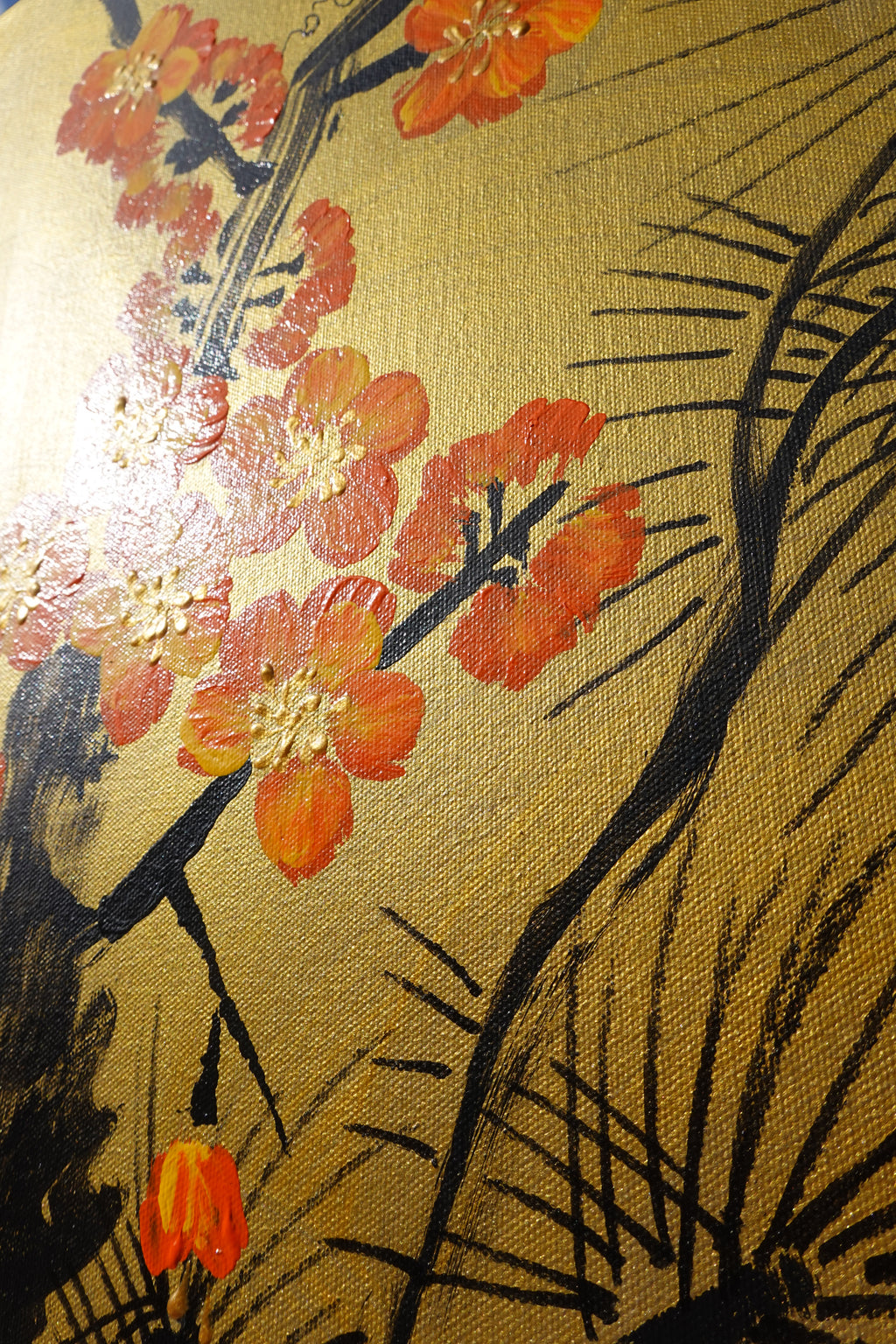 Liebesvögel und Sakura J481 – goldenes japanisches Gemälde | Großes Acryl auf Leinwand | Ksavera