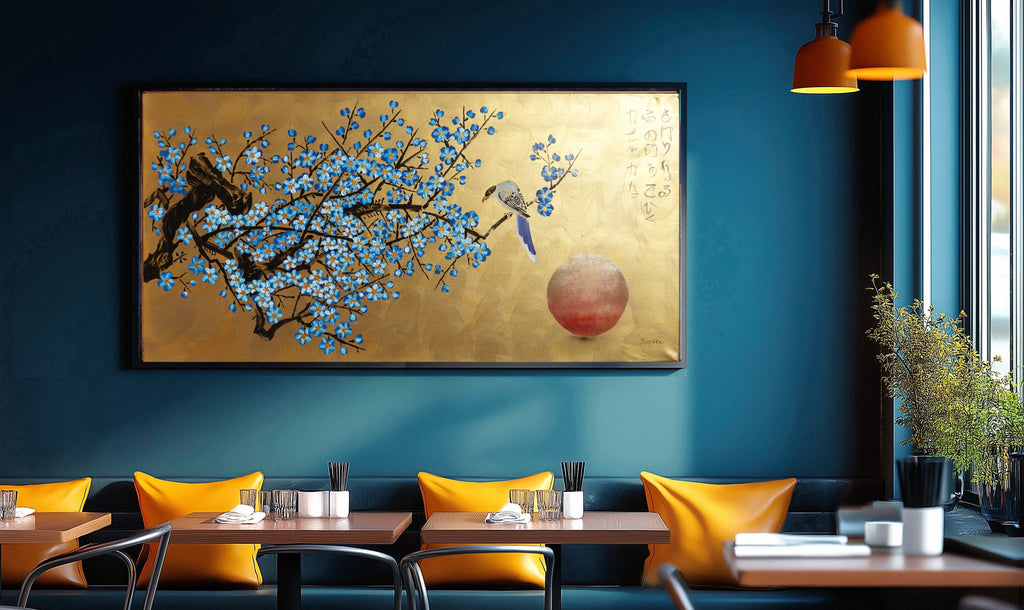Bird and blue Sakura J482 is a large Japanese gold horizontal Original Acrylic Painting on unstretched canvas by artist Ksavera.