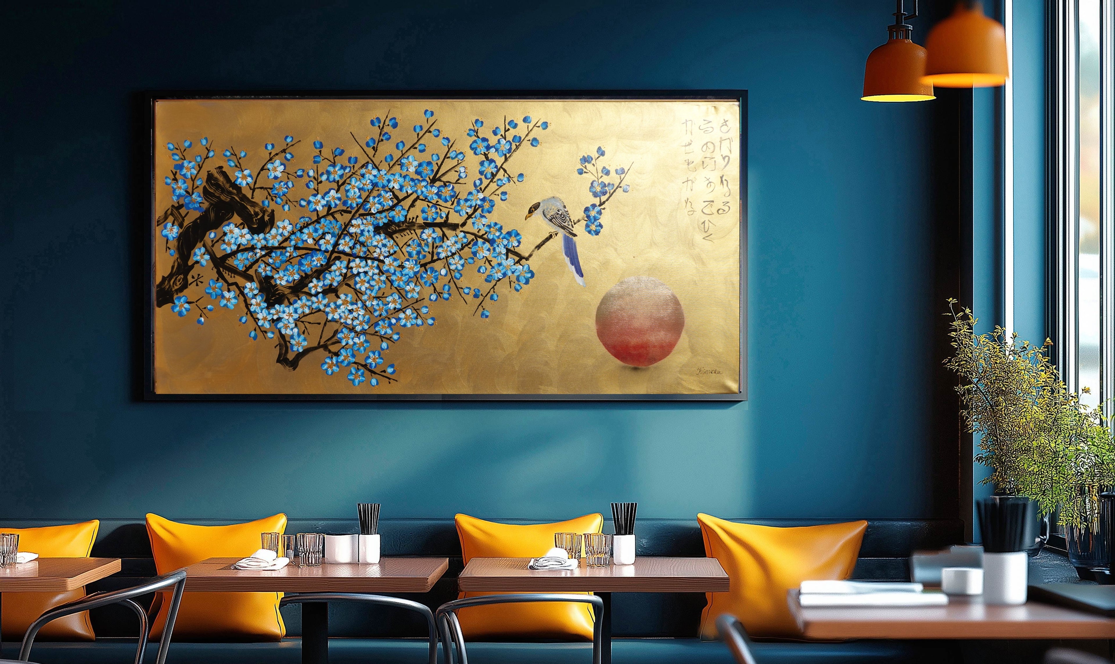 Bird and blue Sakura J482 is a large Japanese gold horizontal Original Acrylic Painting on unstretched canvas by artist Ksavera.