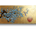 Bird and blue Sakura J482 is a large Japanese gold horizontal Original Acrylic Painting on unstretched canvas by artist Ksavera.
