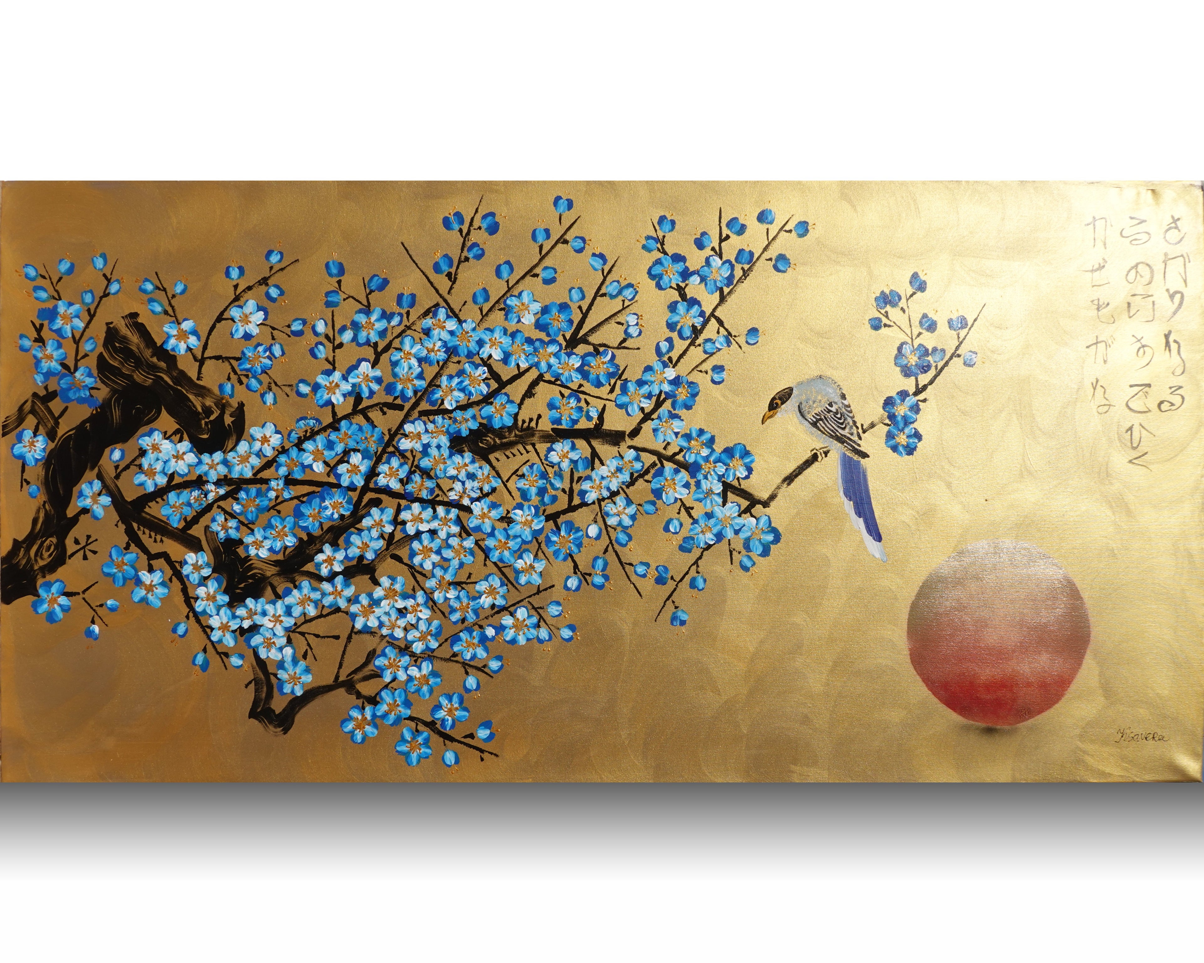 Bird and blue Sakura J482 is a large Japanese gold horizontal Original Acrylic Painting on unstretched canvas by artist Ksavera.