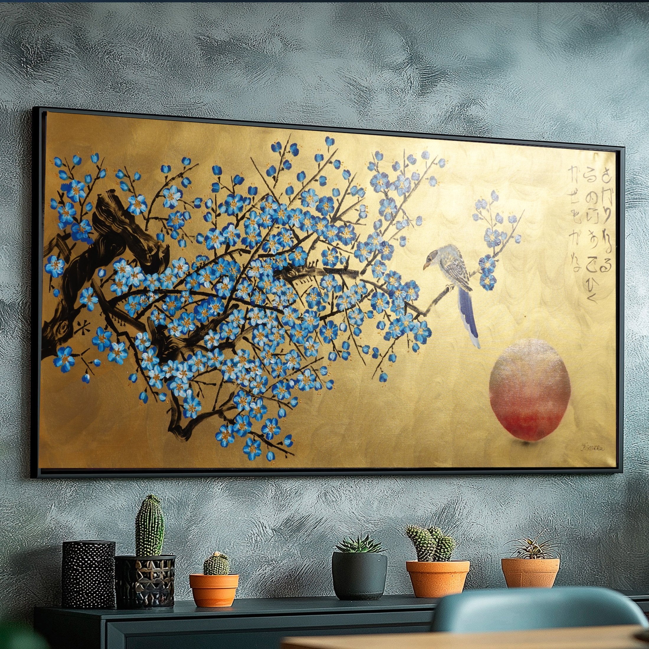 Bird and blue Sakura J482 is a large Japanese gold horizontal Original Acrylic Painting on unstretched canvas by artist Ksavera.