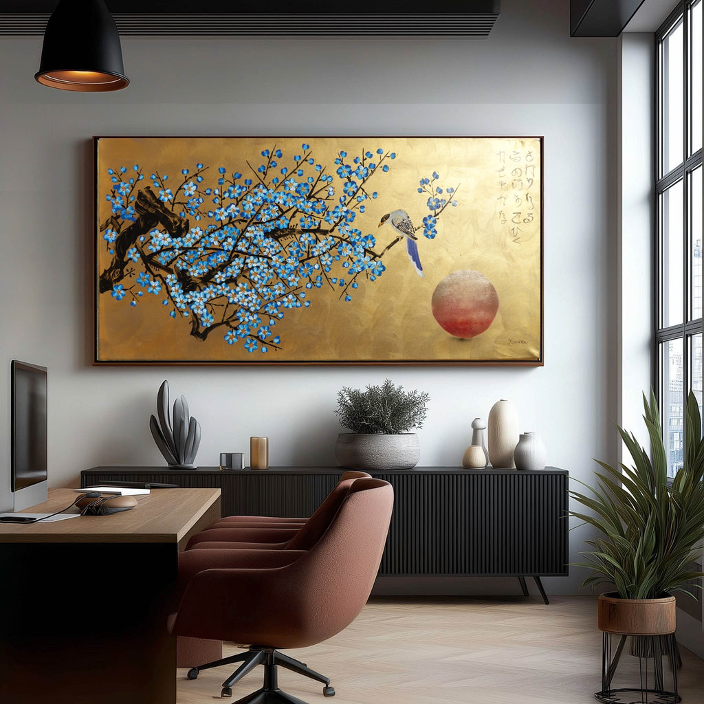 Bird and blue Sakura J482 is a large Japanese gold horizontal Original Acrylic Painting on unstretched canvas by artist Ksavera.