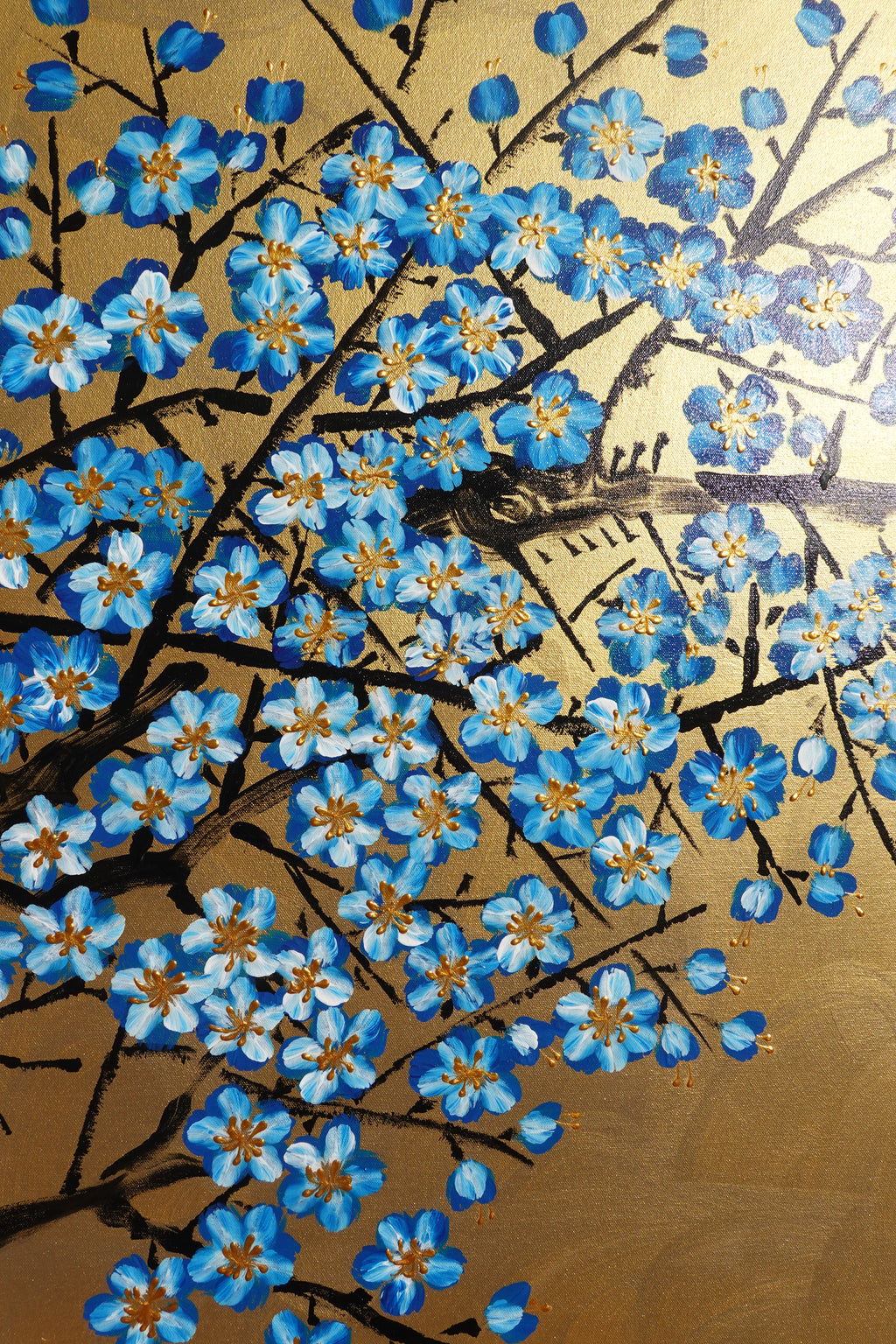 Bird and blue Sakura J482 is a large Japanese gold horizontal Original Acrylic Painting on unstretched canvas by artist Ksavera.