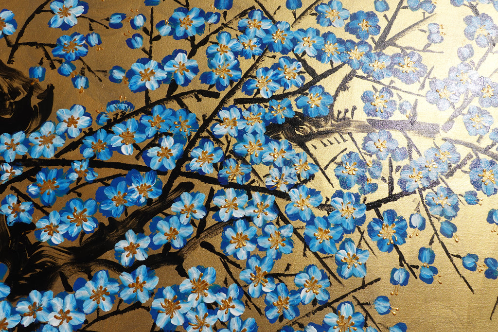 Bird and blue Sakura J482 is a large Japanese gold horizontal Original Acrylic Painting on unstretched canvas by artist Ksavera.