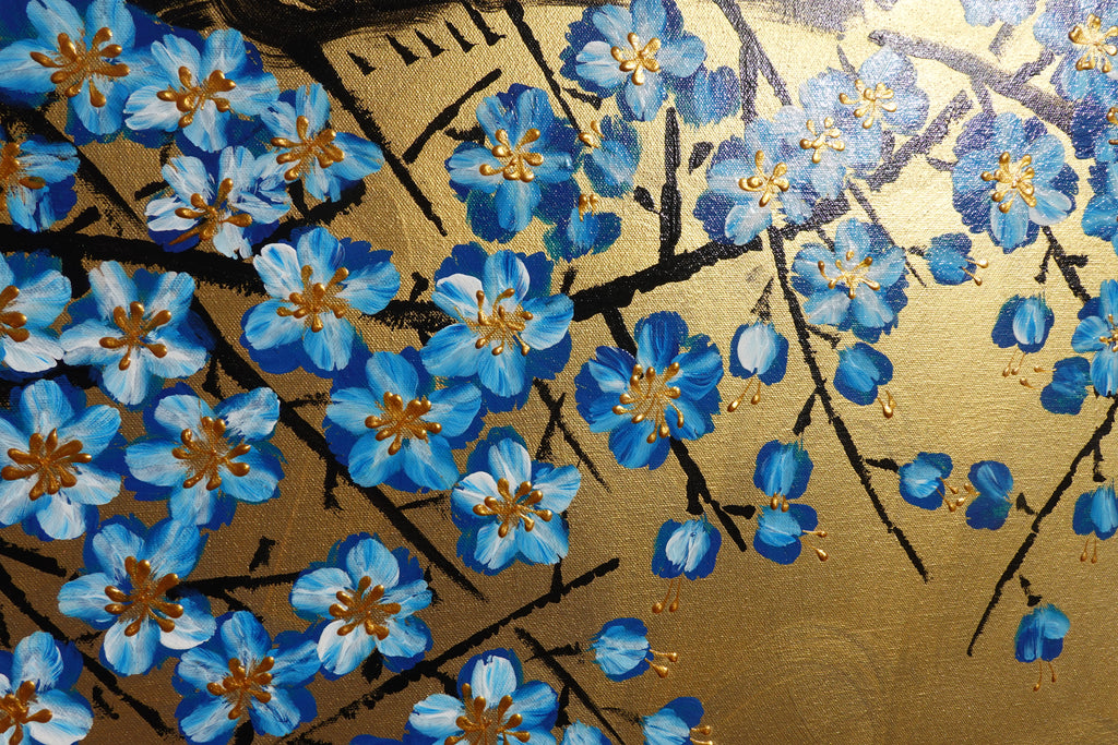 Bird and blue Sakura J482 is a large Japanese gold horizontal Original Acrylic Painting on unstretched canvas by artist Ksavera.