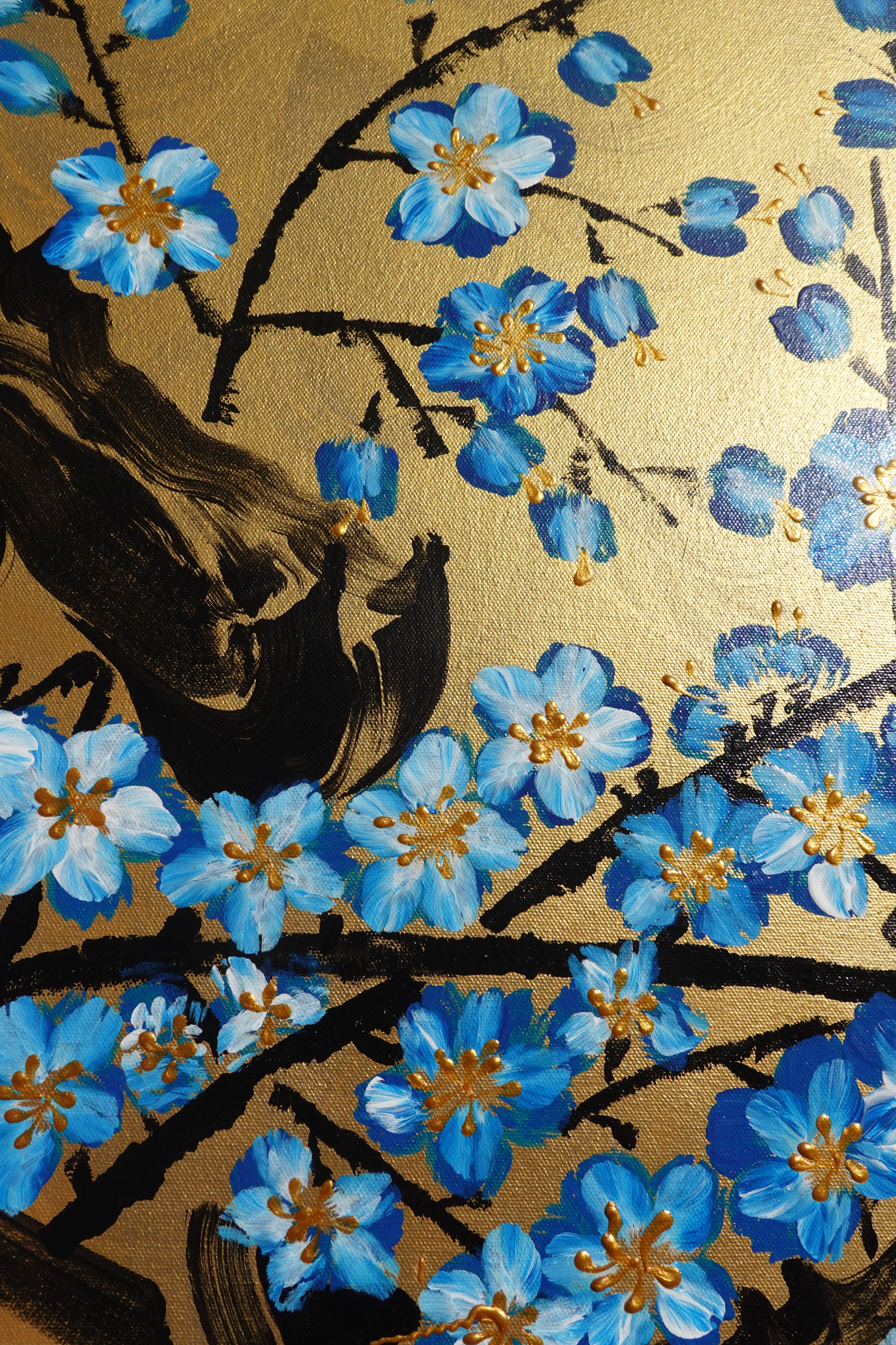 Bird and blue Sakura J482 is a large Japanese gold horizontal Original Acrylic Painting on unstretched canvas by artist Ksavera.