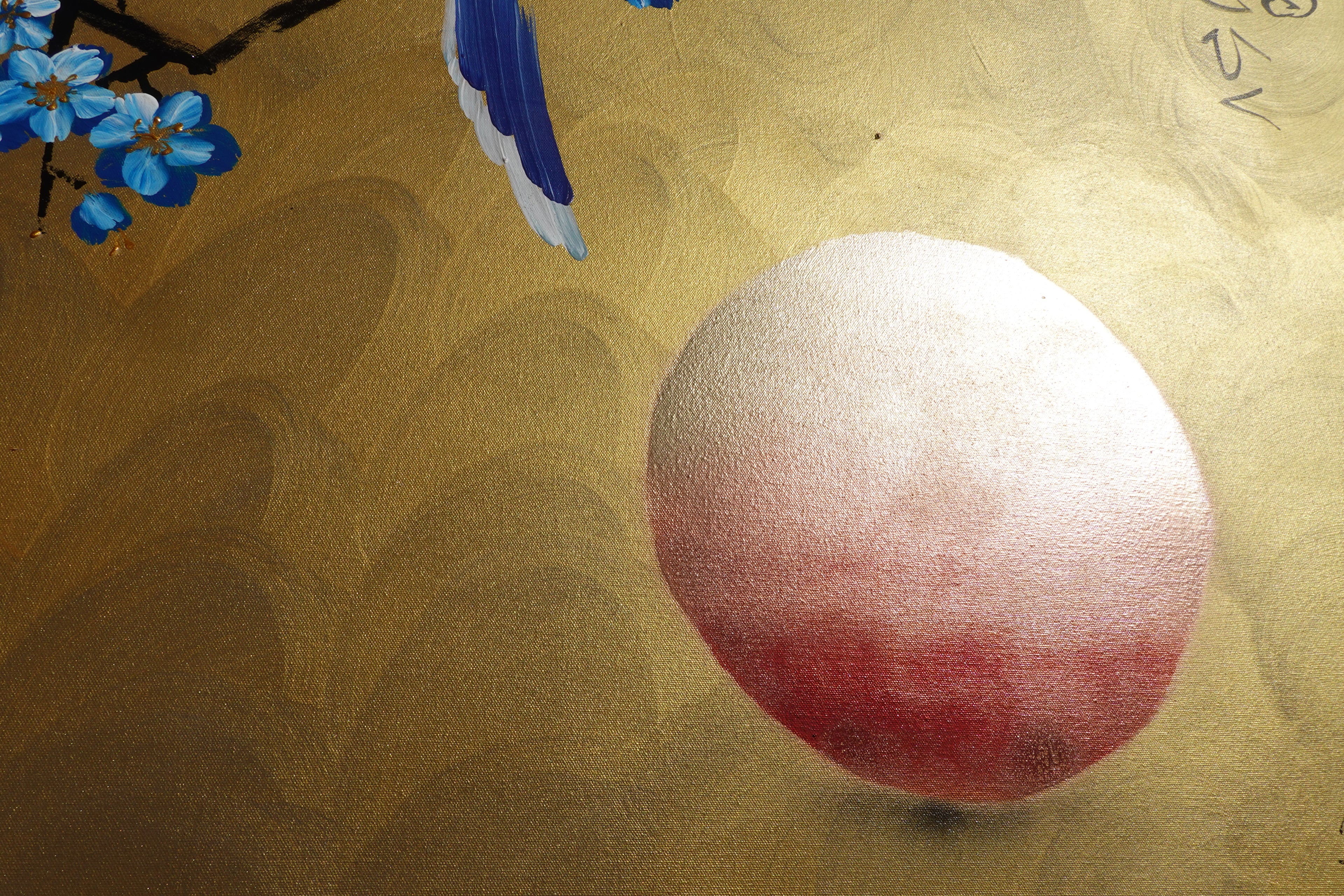 Bird and blue Sakura J482 is a large Japanese gold horizontal Original Acrylic Painting on unstretched canvas by artist Ksavera.