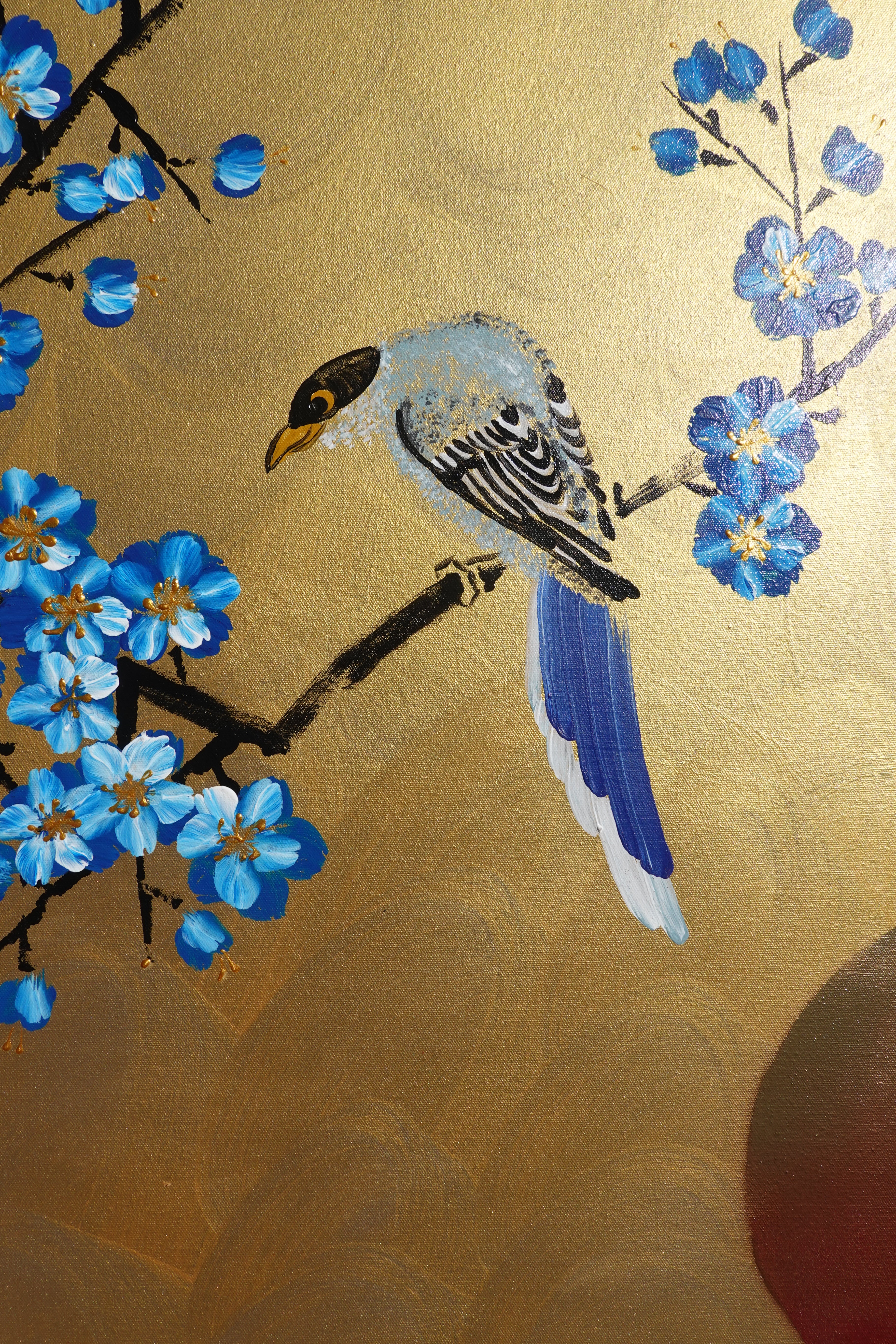 Bird and blue Sakura J482 is a large Japanese gold horizontal Original Acrylic Painting on unstretched canvas by artist Ksavera.