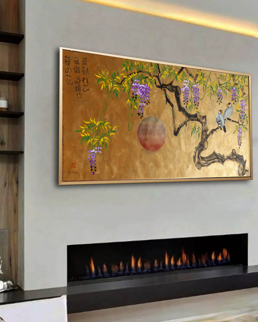 Love Birds family and wisteria J485 is a large-scale Japanese-inspired gold painting
Original Acrylic Painting on unstretched canvas by artist Ksavera.