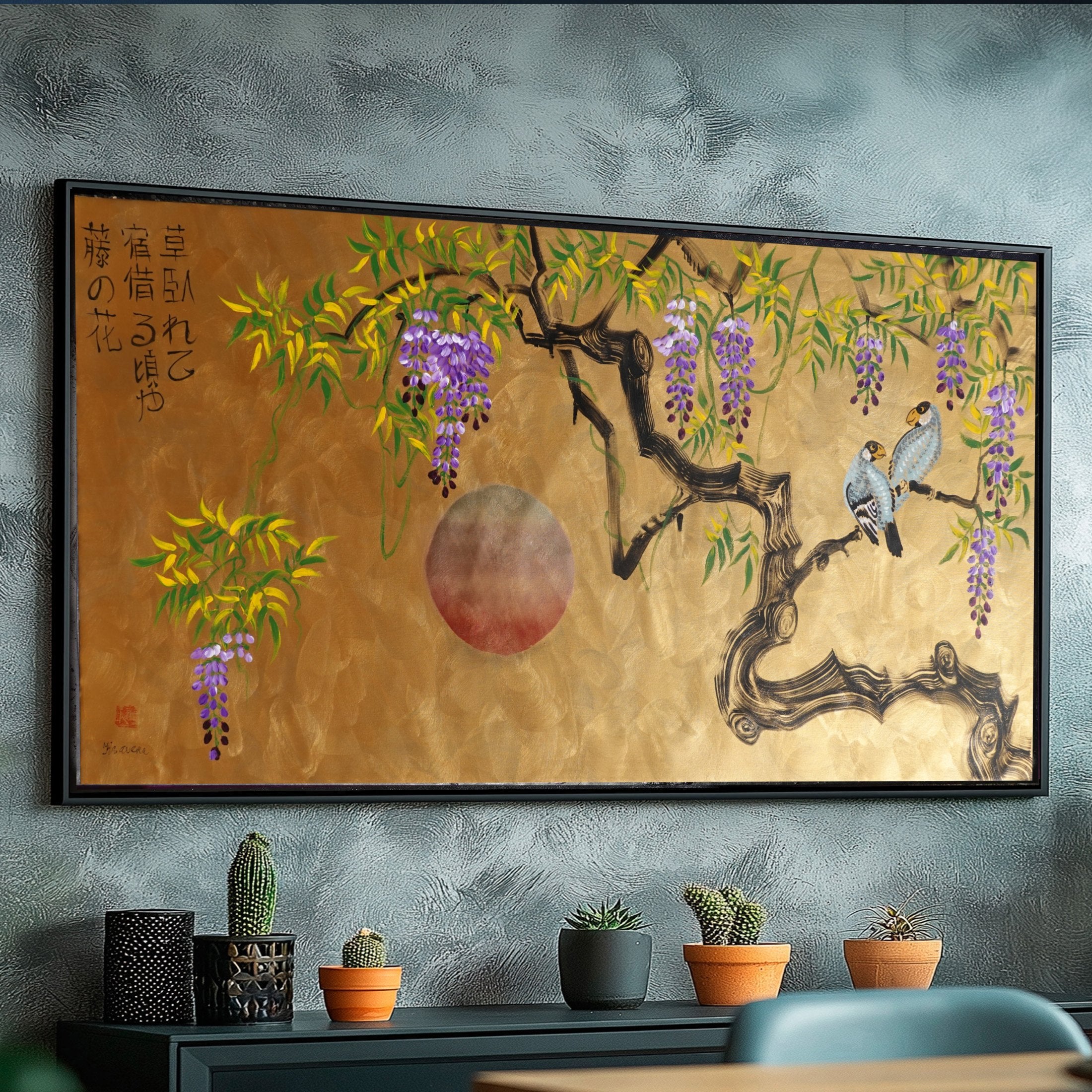 Love Birds family and wisteria J485 is a large-scale Japanese-inspired gold painting
Original Acrylic Painting on unstretched canvas by artist Ksavera.
