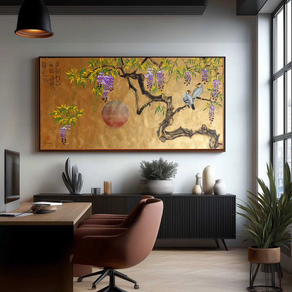 Love Birds family and wisteria J485 is a large-scale Japanese-inspired gold painting
Original Acrylic Painting on unstretched canvas by artist Ksavera.