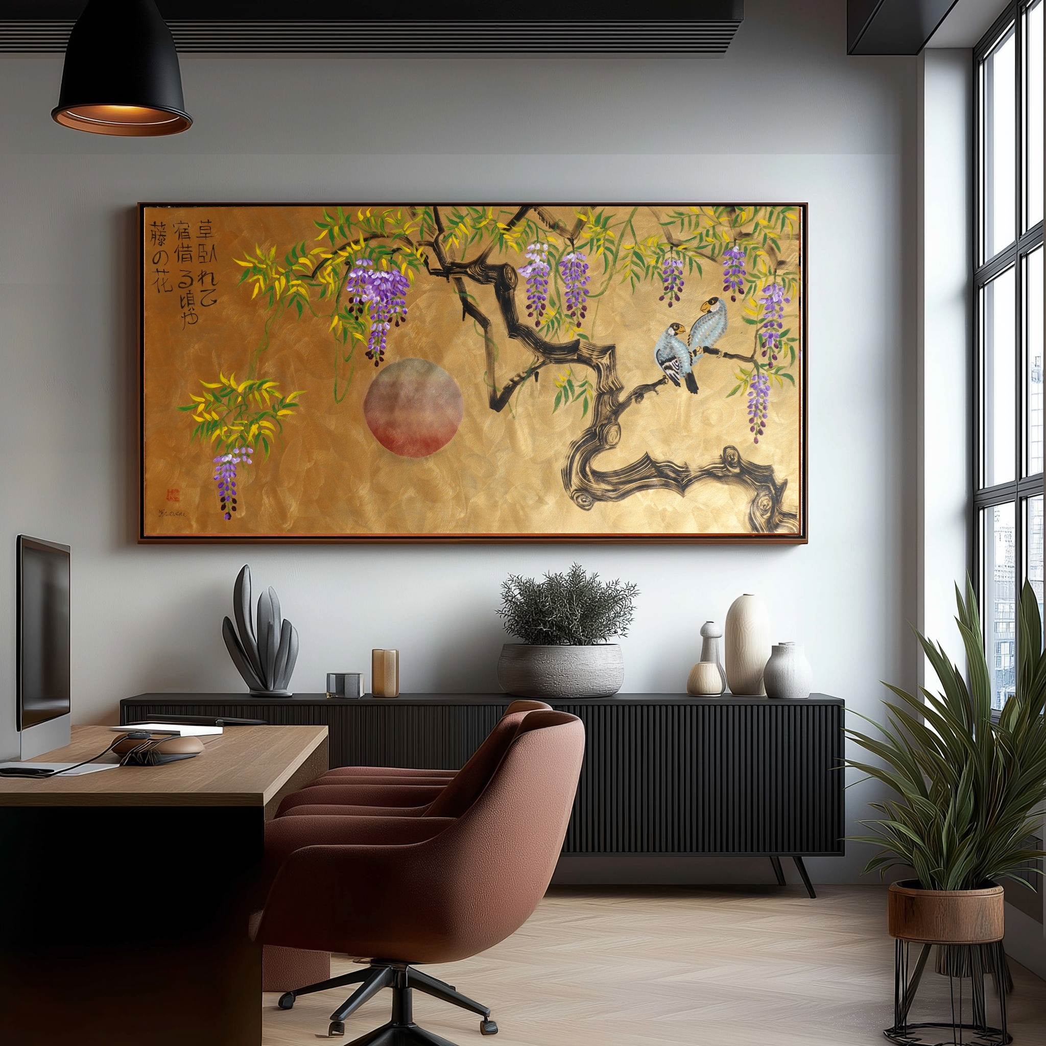 Love Birds family and wisteria J485 is a large-scale Japanese-inspired gold painting
Original Acrylic Painting on unstretched canvas by artist Ksavera.