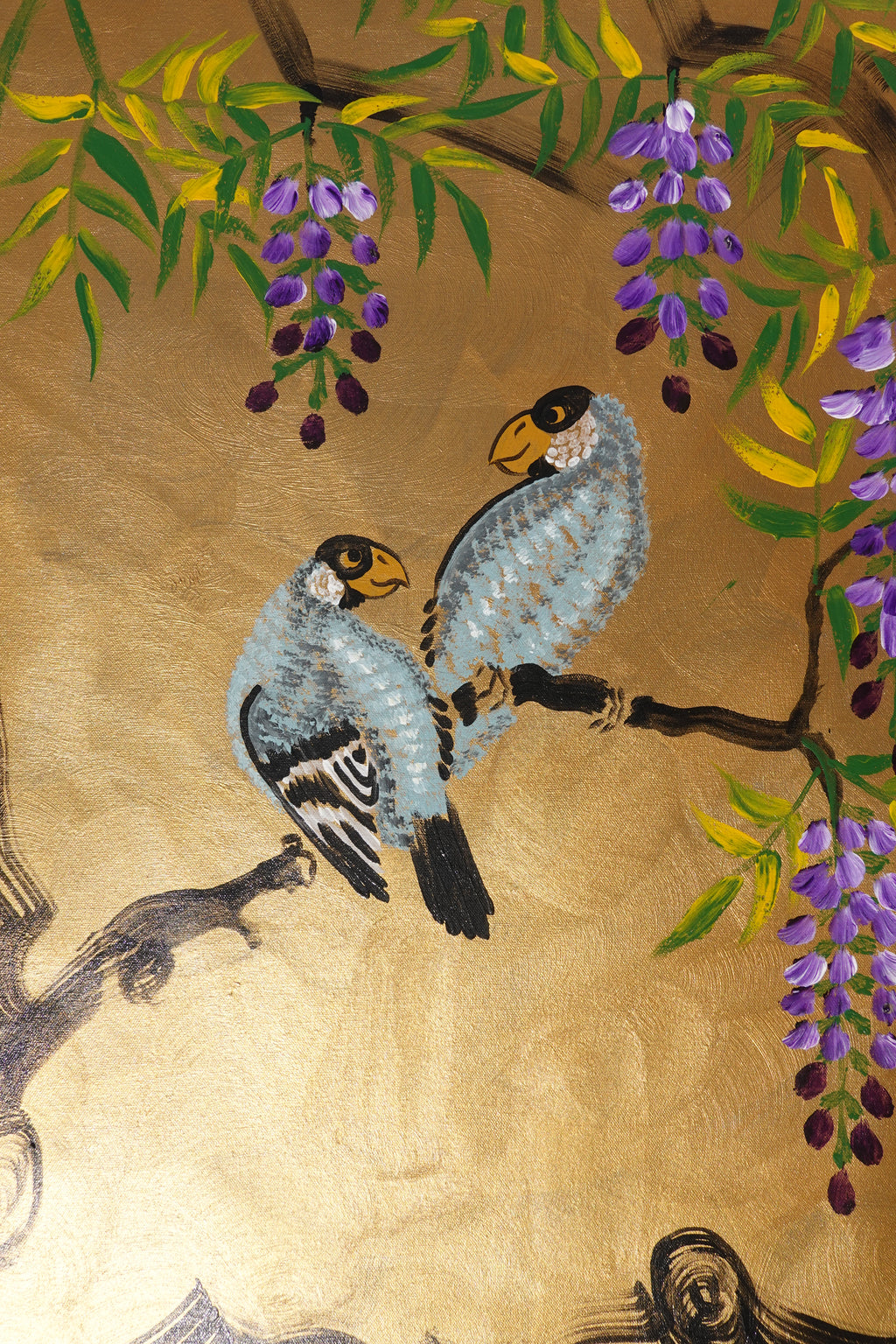 Love Birds family and wisteria J485 is a large-scale Japanese-inspired gold painting
Original Acrylic Painting on unstretched canvas by artist Ksavera.
