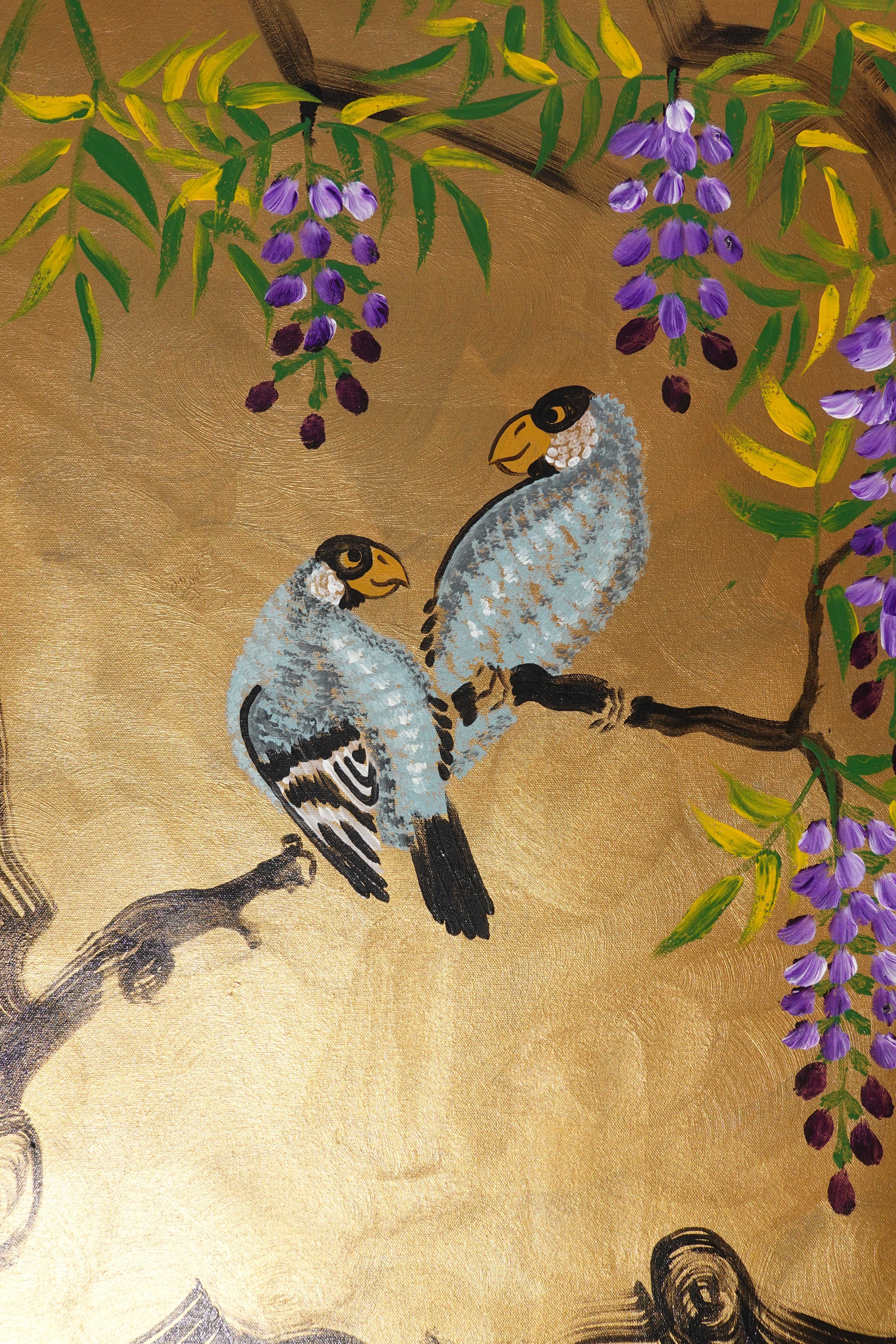 Love Birds family and wisteria J485 is a large-scale Japanese-inspired gold painting
Original Acrylic Painting on unstretched canvas by artist Ksavera.