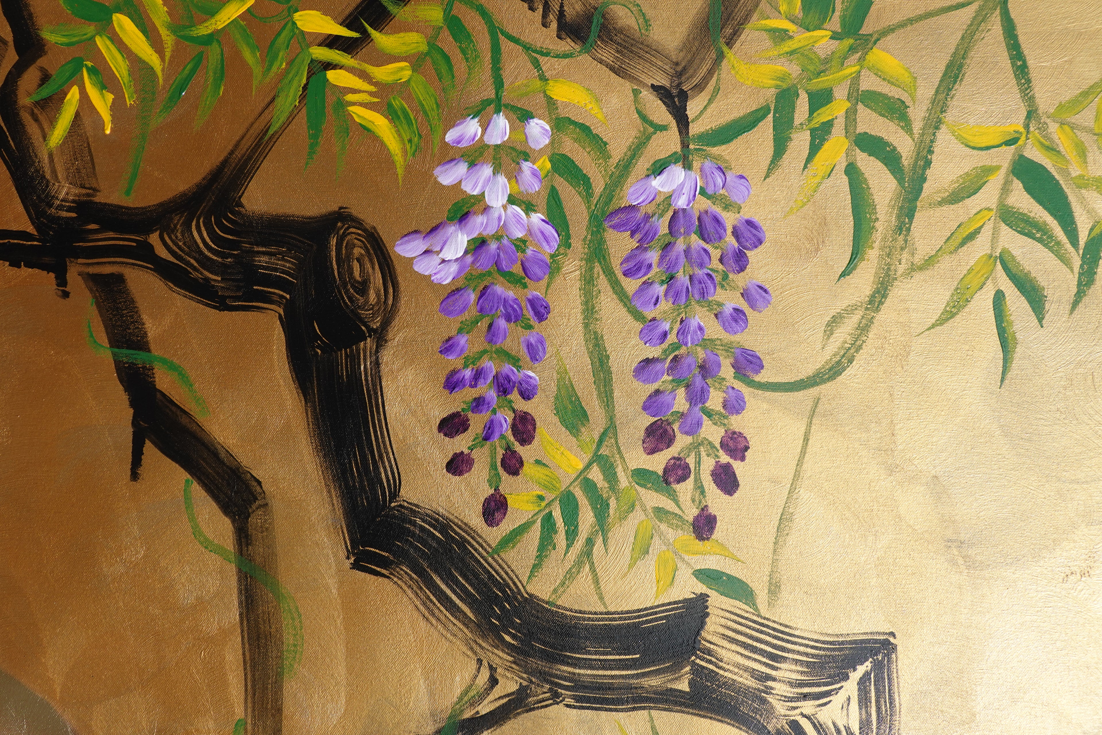 Love Birds family and wisteria J485 is a large-scale Japanese-inspired gold painting
Original Acrylic Painting on unstretched canvas by artist Ksavera.