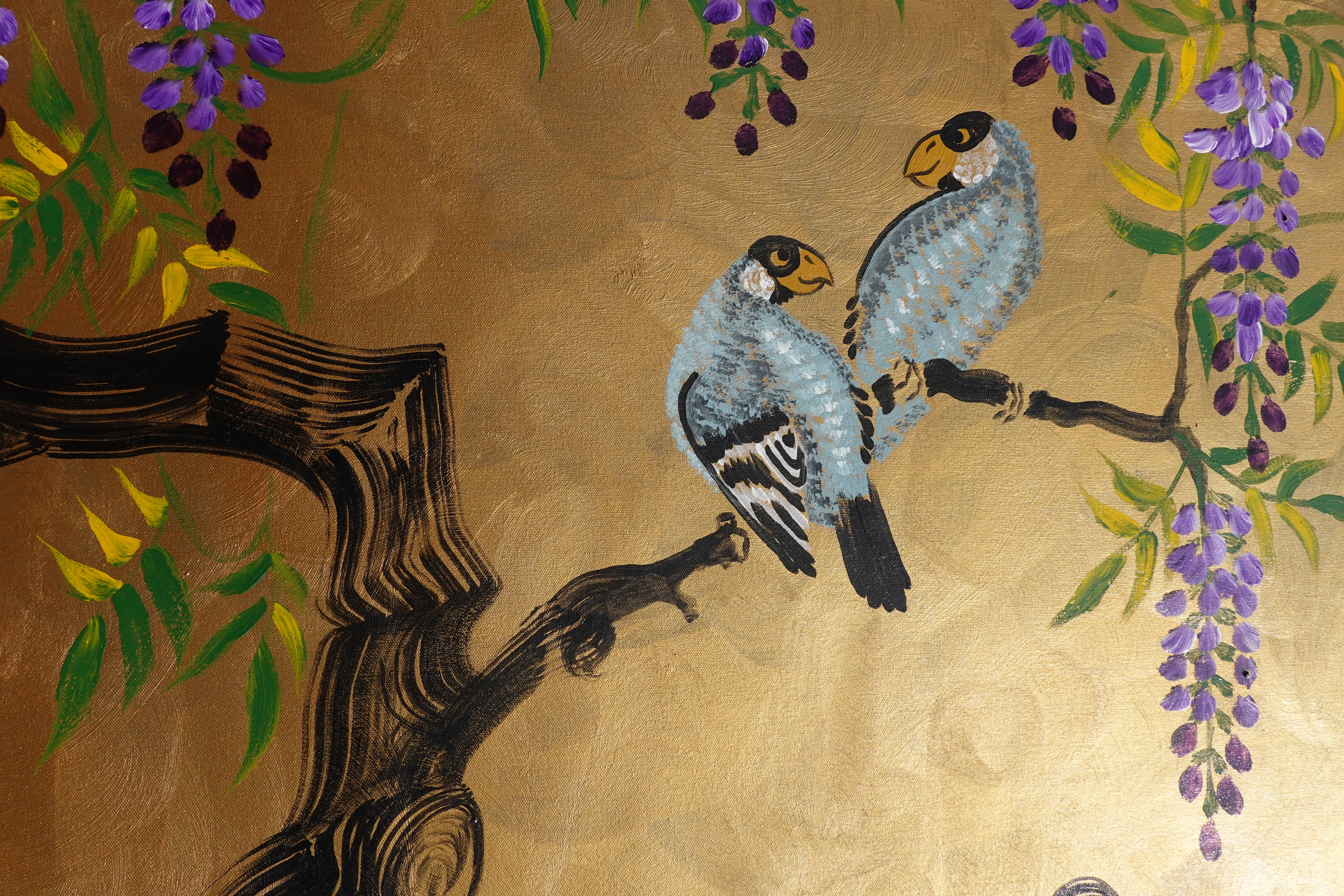 Love Birds family and wisteria J485 is a large-scale Japanese-inspired gold painting
Original Acrylic Painting on unstretched canvas by artist Ksavera.