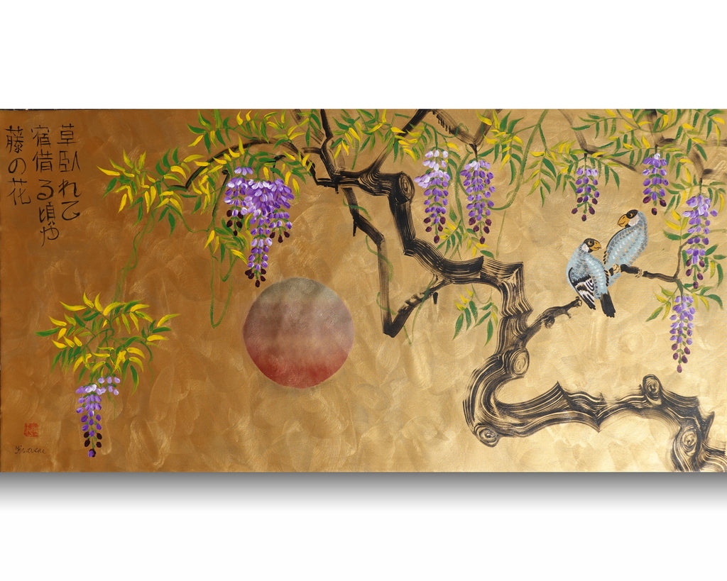 Love Birds family and wisteria J485 is a large-scale Japanese-inspired gold painting
Original Acrylic Painting on unstretched canvas by artist Ksavera.