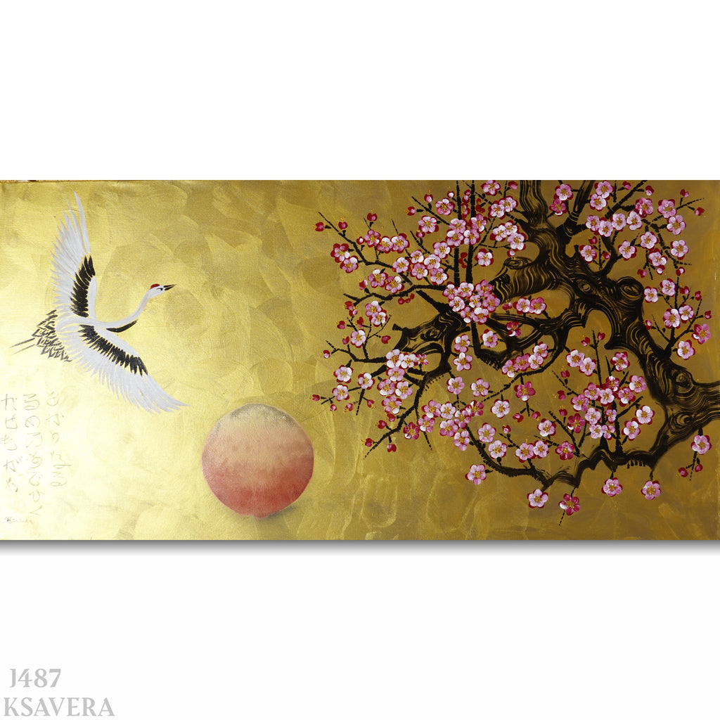 The image is a painting featuring a large tree with pink flowers and a bird in flight.