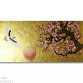 The image is a painting featuring a large tree with pink flowers and a bird in flight.