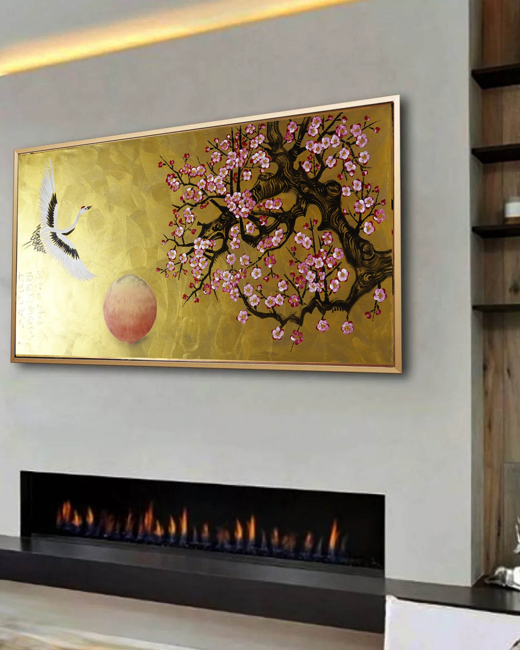 Crane and sakura J487 — gold Japanese Painting | Large Acrylic on Canvas | Ksavera