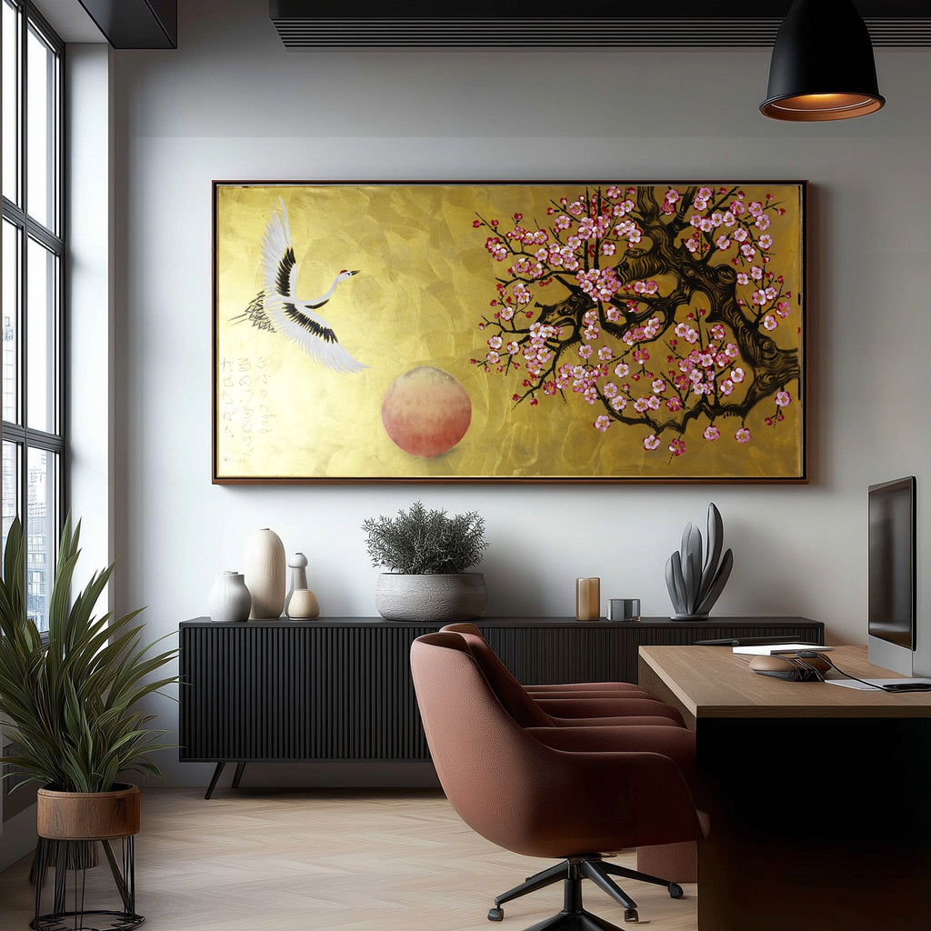 Crane and sakura J487 — gold Japanese Painting | Large Acrylic on Canvas | Ksavera