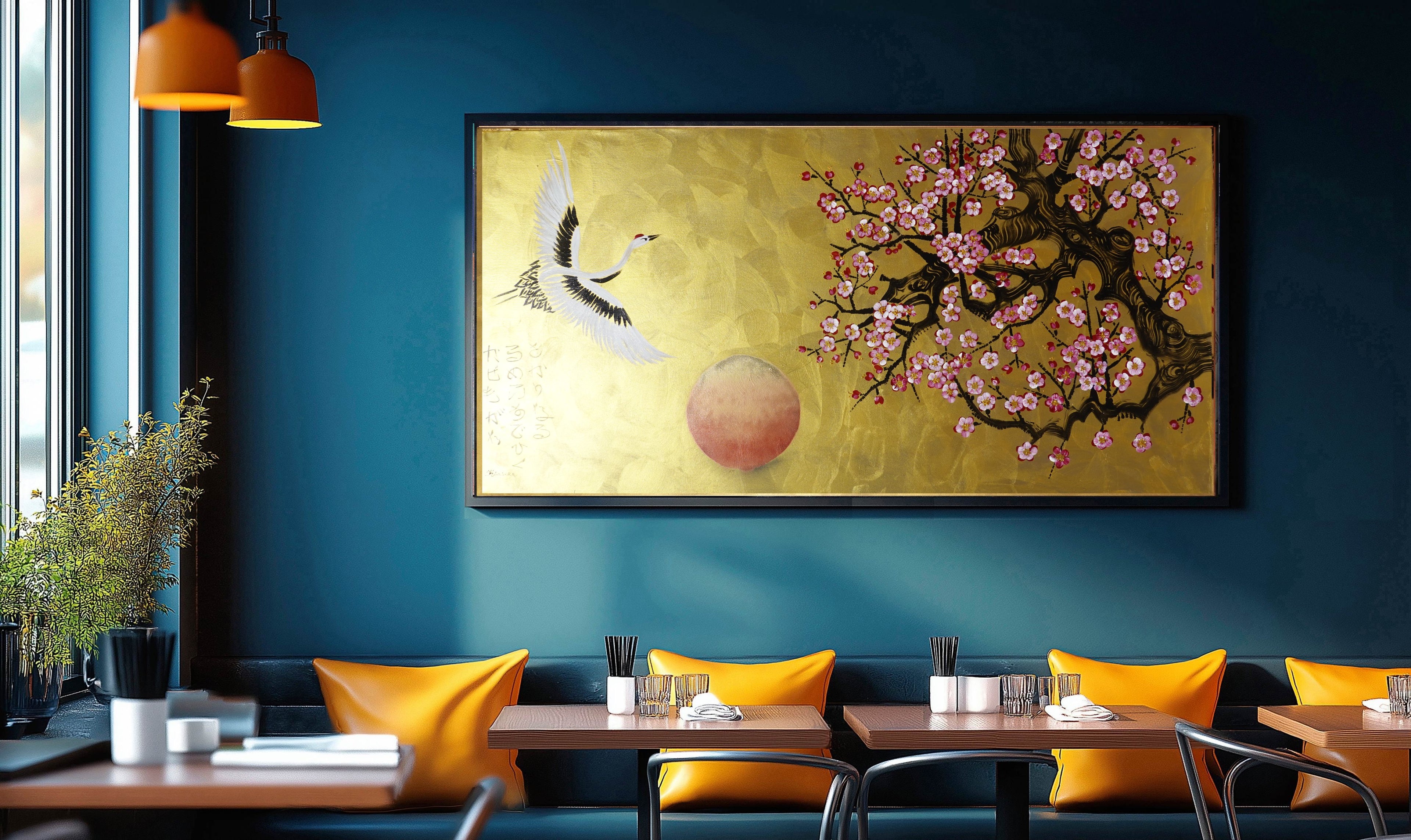 Crane and sakura J487 — gold Japanese Painting | Large Acrylic on Canvas | Ksavera