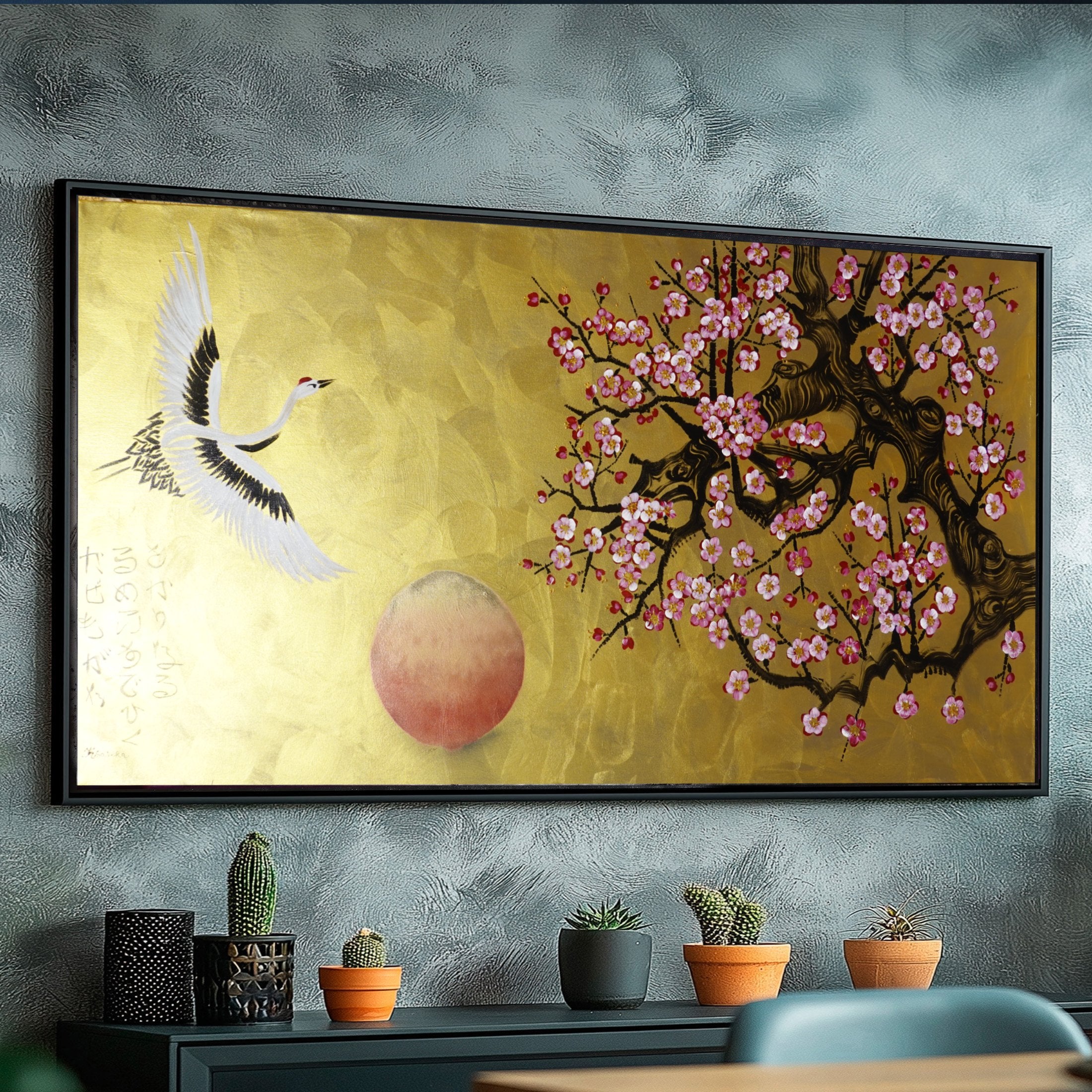 Crane and sakura J487 — gold Japanese Painting | Large Acrylic on Canvas | Ksavera