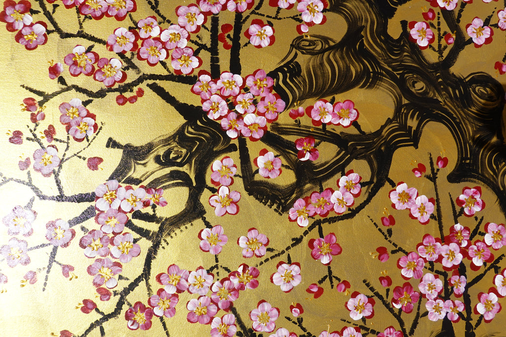 Crane and sakura J487 — gold Japanese Painting | Large Acrylic on Canvas | Ksavera