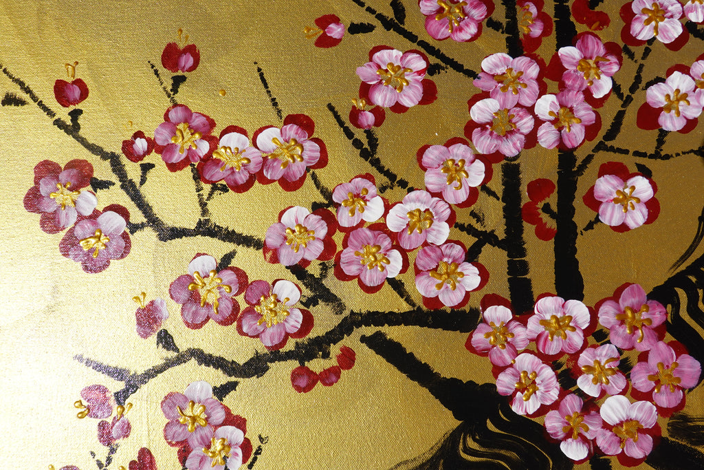 Crane and sakura J487 — gold Japanese Painting | Large Acrylic on Canvas | Ksavera
